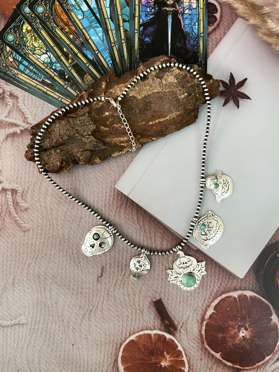 Handmade Sterling Silver Kingman Turquoise Halloween Collection: Beaded Necklace Signed Nizhoni
