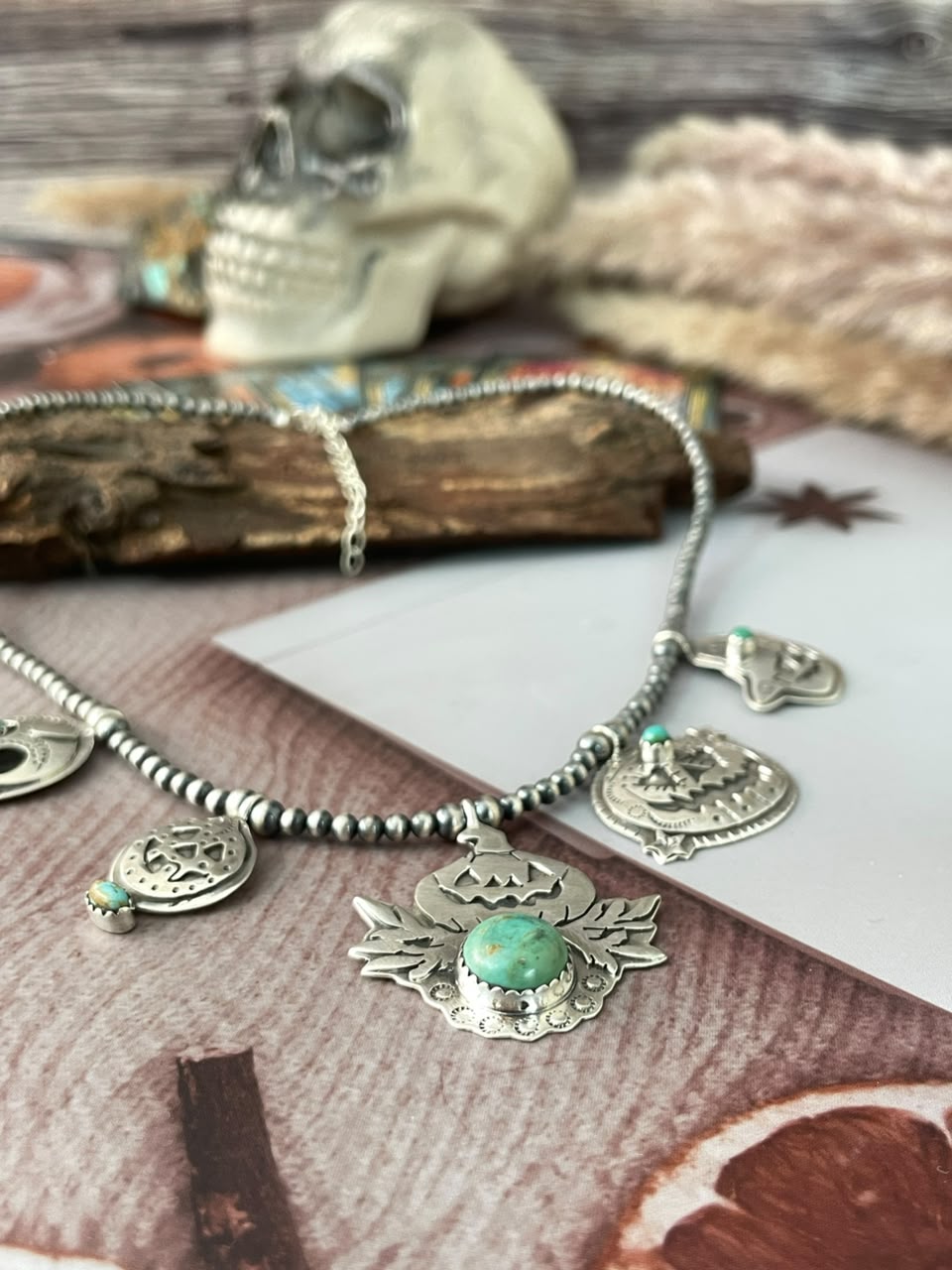 Handmade Sterling Silver Kingman Turquoise Halloween Collection: Beaded Necklace Signed Nizhoni
