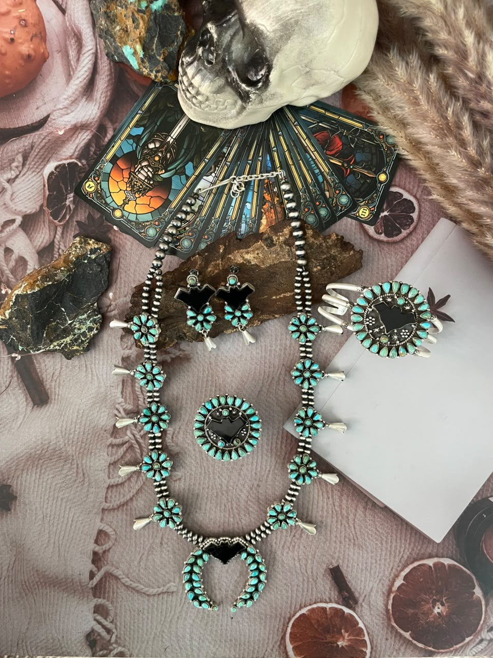 Handmade Sterling Silver Kingman Turquoise with Black Onyx Halloween Collection: Beaded Squash Blossom Necklace, Earrings, Ring and Bangle Set Signed Nizhoni