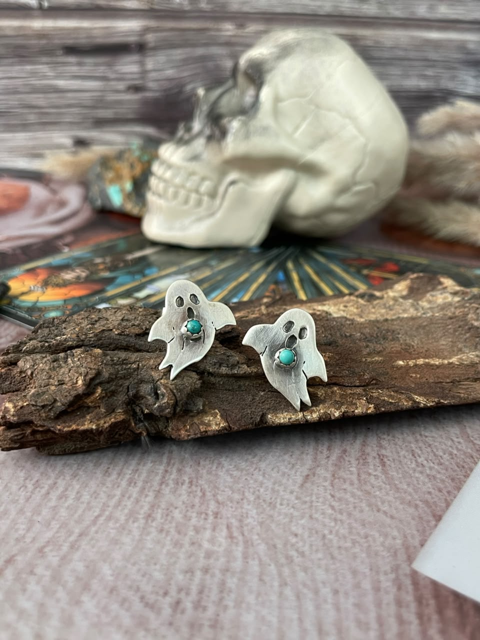 Handmade Sterling Silver Kingman Turquoise Halloween Collection: Post Studs Earrings Signed Nizhoni