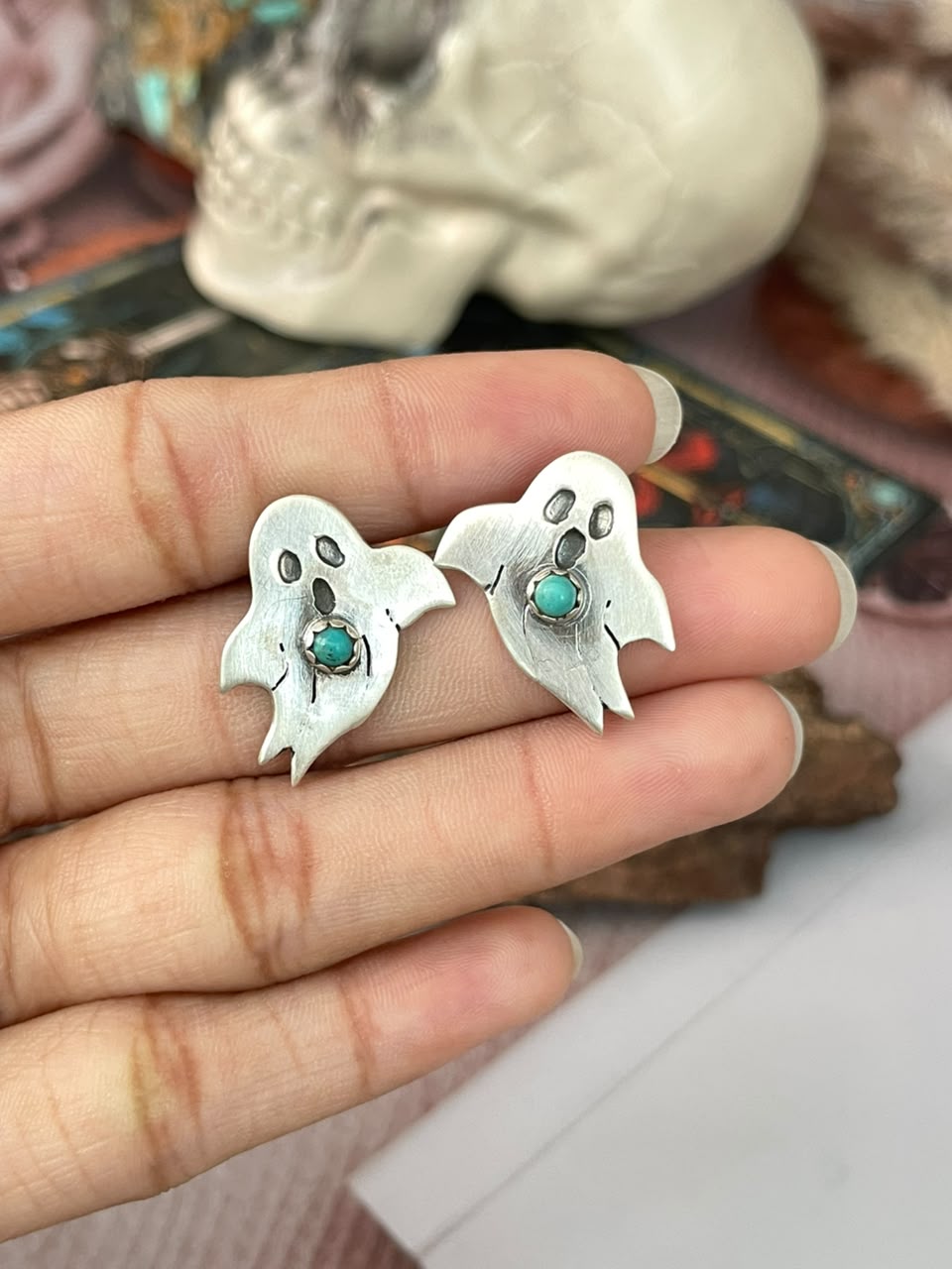 Handmade Sterling Silver Kingman Turquoise Halloween Collection: Post Studs Earrings Signed Nizhoni