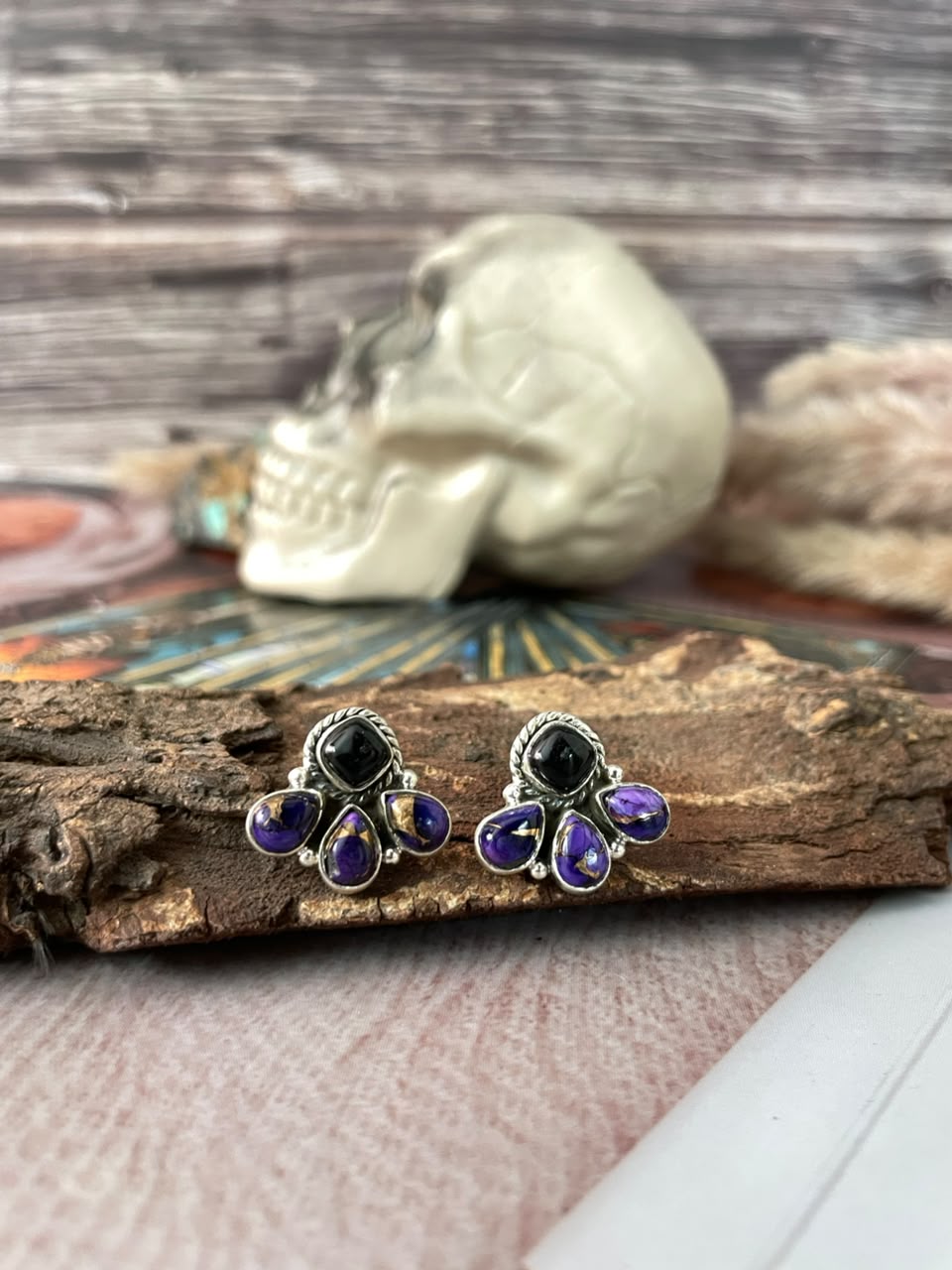 Handmade Sterling Silver Grape Dahlia with Black Onyx Halloween Collection: Post Studs Earrings Signed Nizhoni