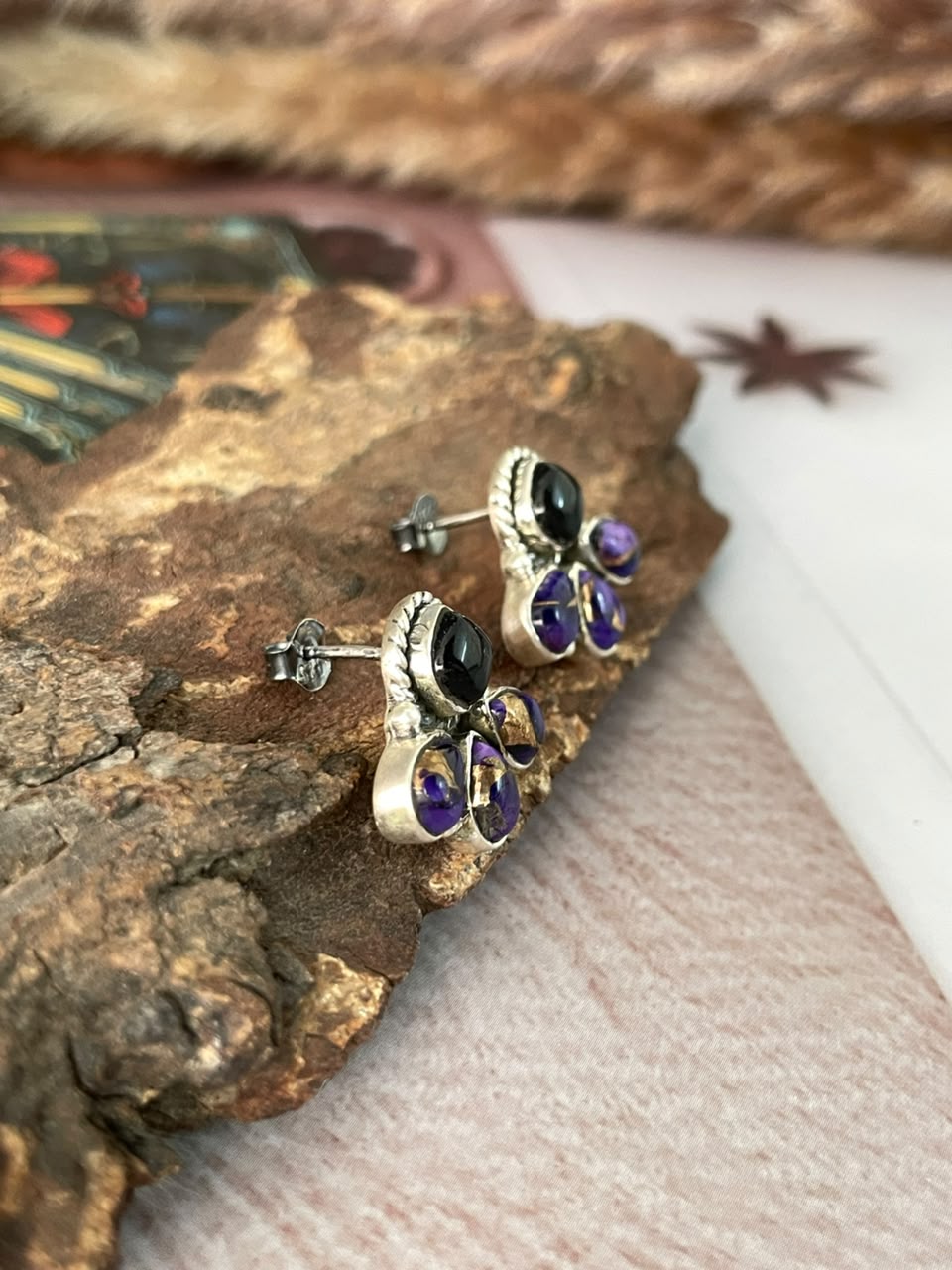 Handmade Sterling Silver Grape Dahlia with Black Onyx Halloween Collection: Post Studs Earrings Signed Nizhoni