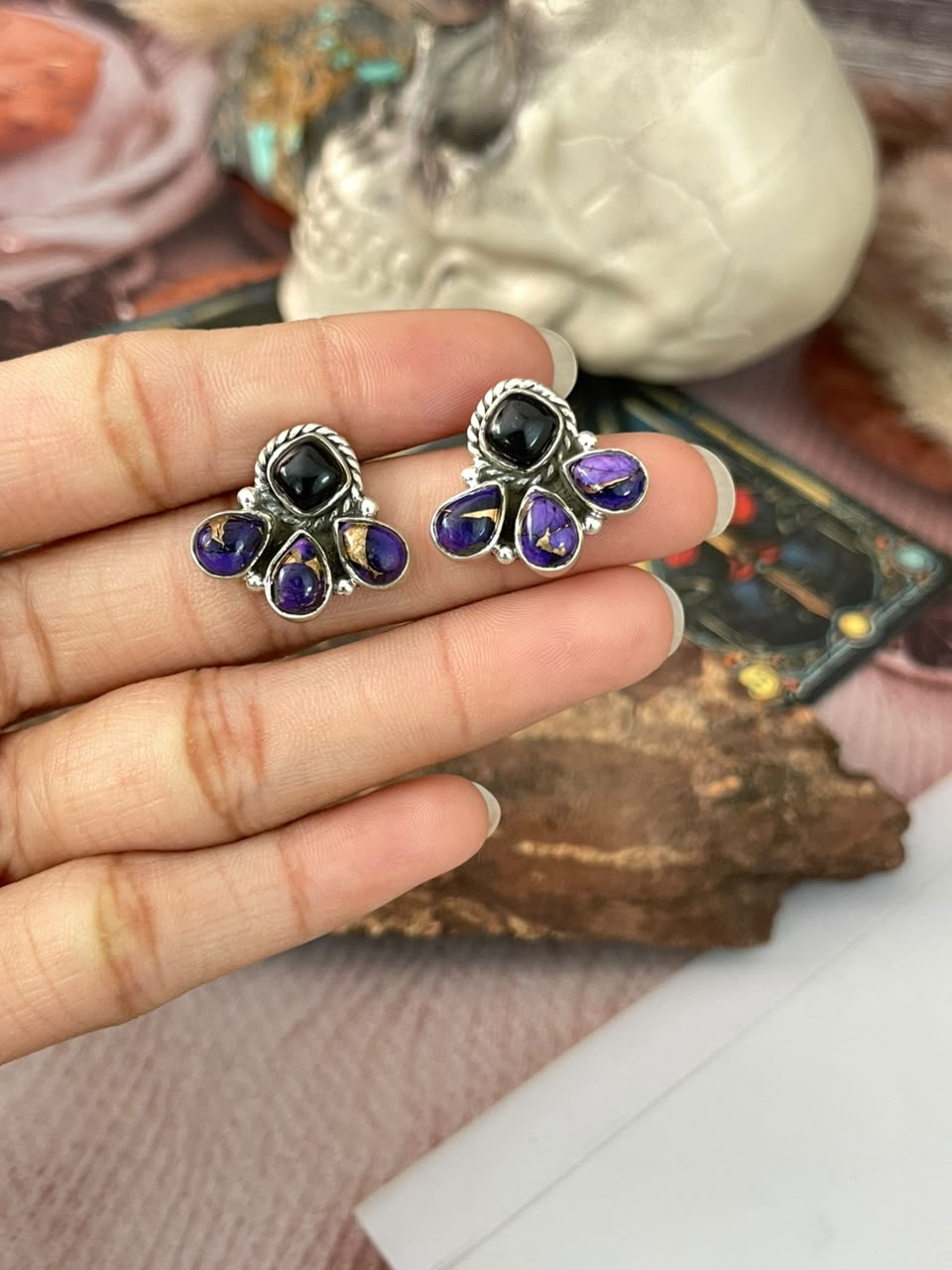Handmade Sterling Silver Grape Dahlia with Black Onyx Halloween Collection: Post Studs Earrings Signed Nizhoni