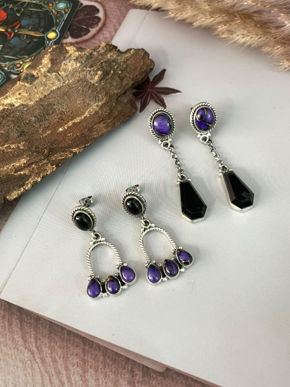 Handmade Sterling Silver Grape Dahlia with Black Onyx Halloween Collection: Post Dangle Earrings Signed Nizhoni
