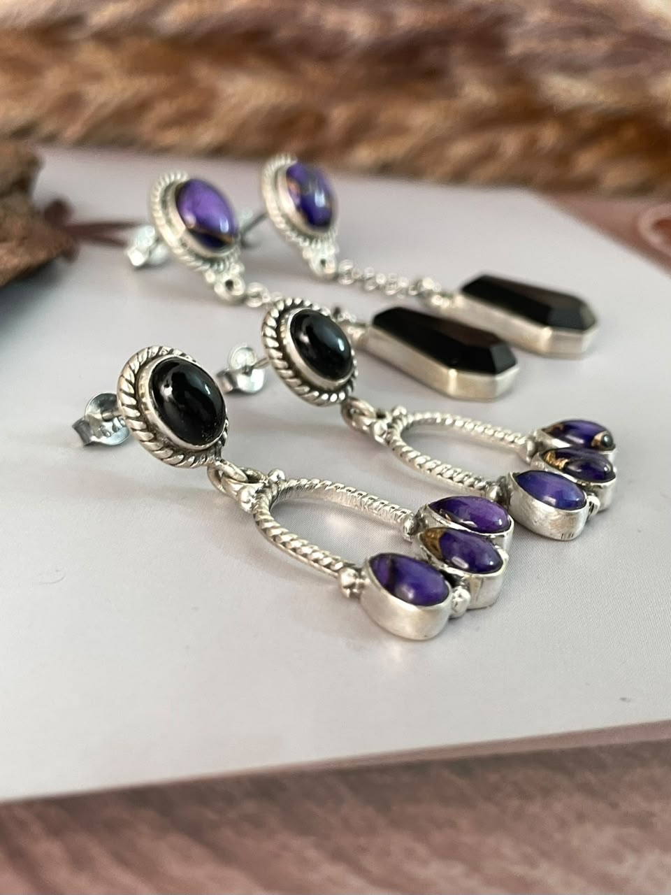 Handmade Sterling Silver Grape Dahlia with Black Onyx Halloween Collection: Post Dangle Earrings Signed Nizhoni
