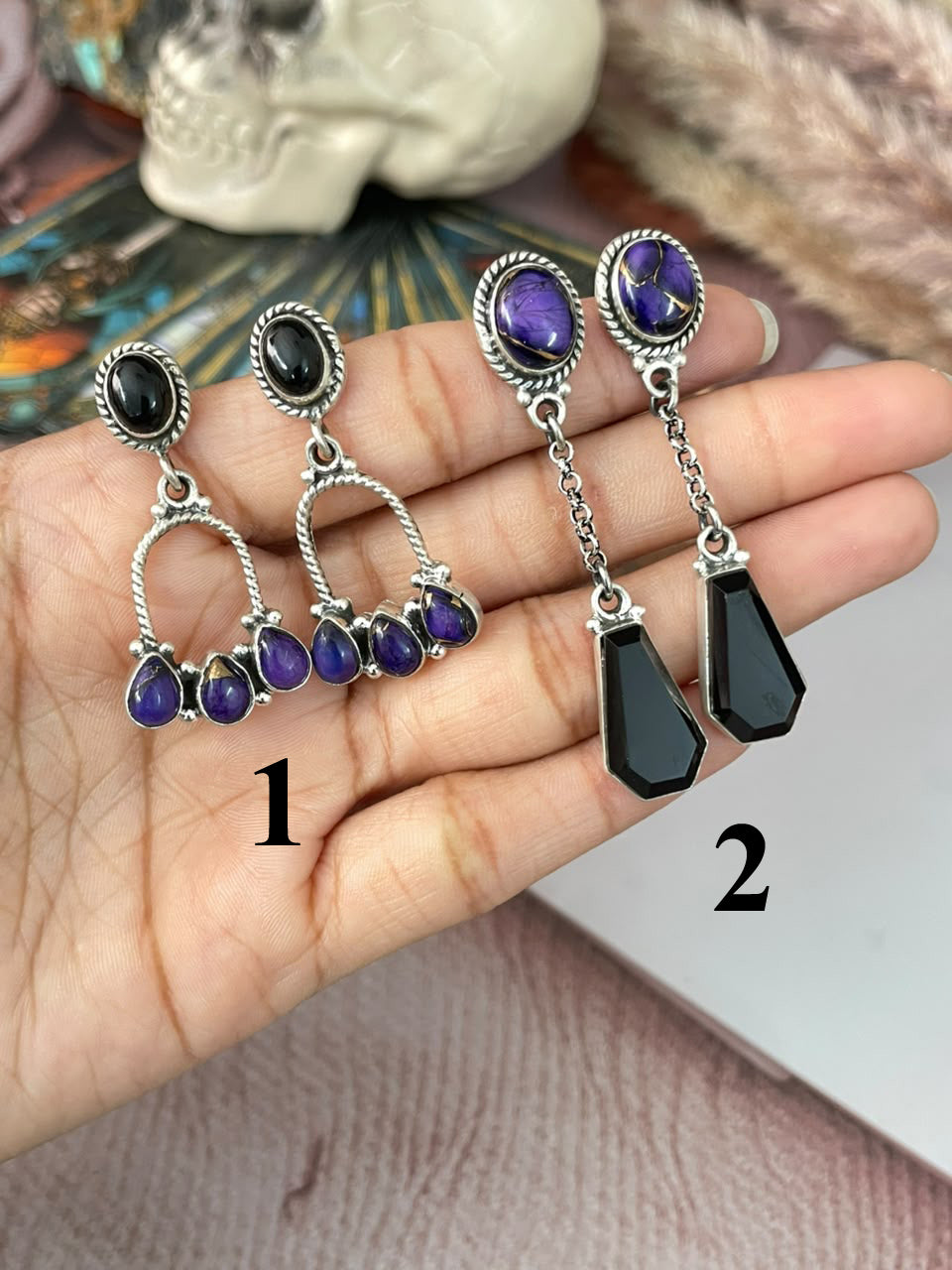 Handmade Sterling Silver Grape Dahlia with Black Onyx Halloween Collection: Post Dangle Earrings Signed Nizhoni