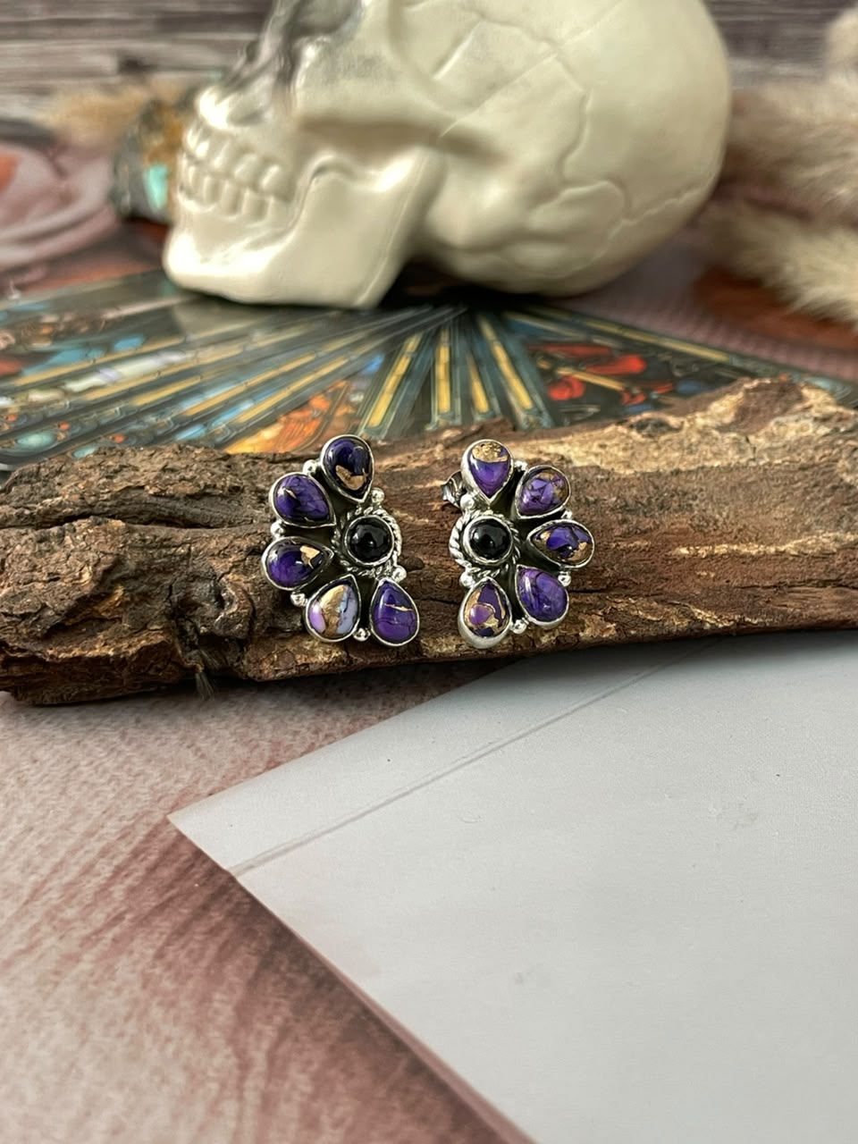 Handmade Sterling Silver Grape Dahlia with Black Onyx Halloween Collection: Post Studs Earrings Signed Nizhoni