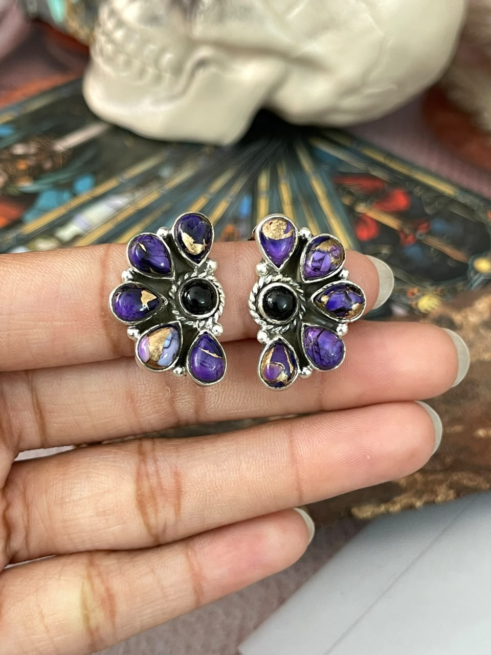 Handmade Sterling Silver Grape Dahlia with Black Onyx Halloween Collection: Post Studs Earrings Signed Nizhoni