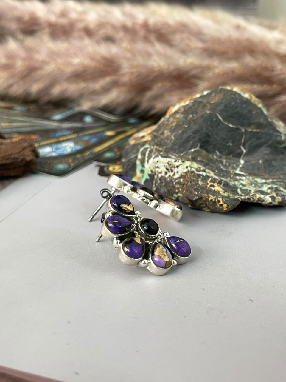 Handmade Sterling Silver Grape Dahlia with Black Onyx Halloween Collection: Post Studs Earrings Signed Nizhoni