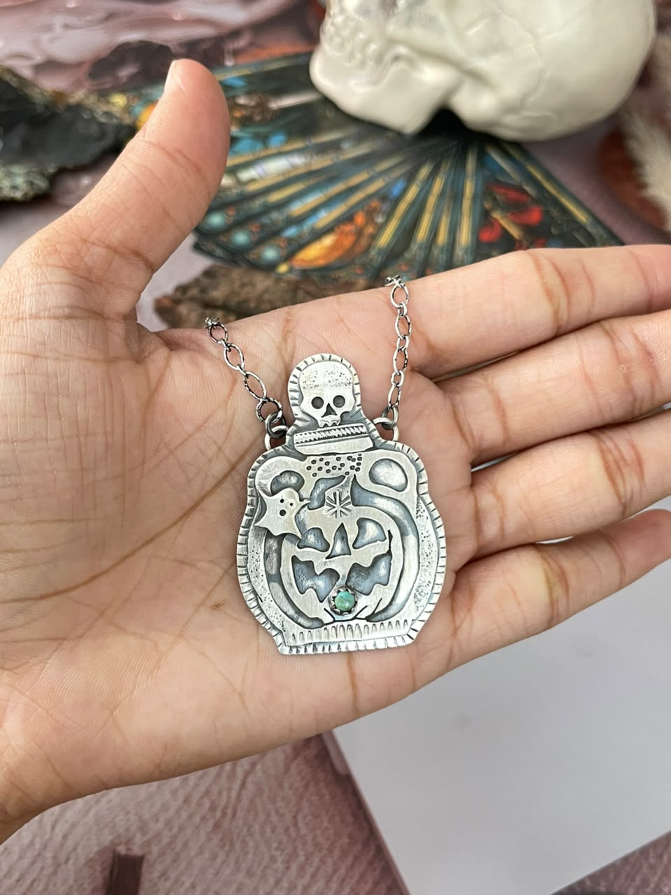 Handmade Sterling Silver Kingman Turquoise Halloween Collection: Necklace Signed Nizhoni