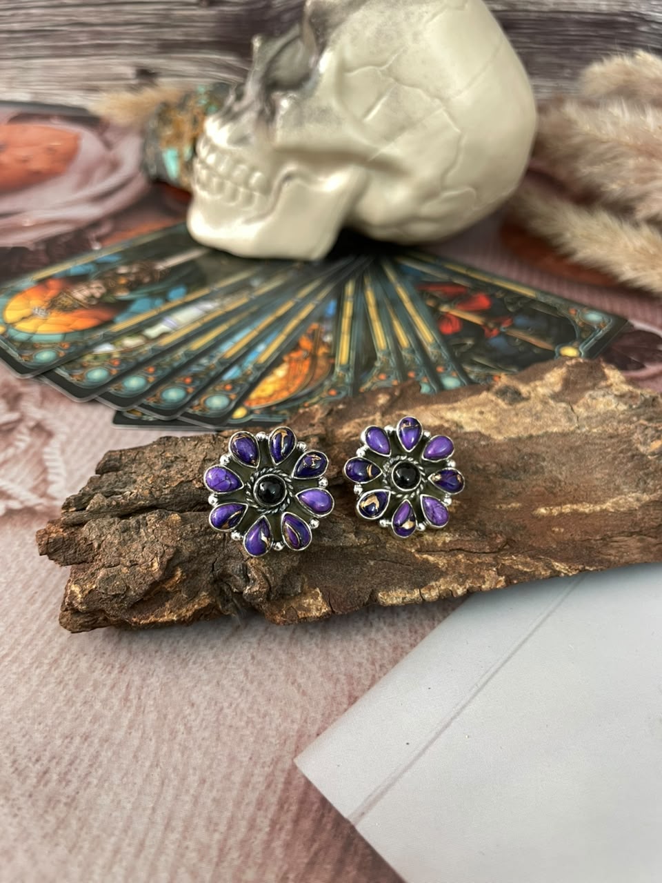 Handmade Sterling Silver Grape Dahlia with Black Onyx Halloween Collection: Post Studs Earrings Signed Nizhoni