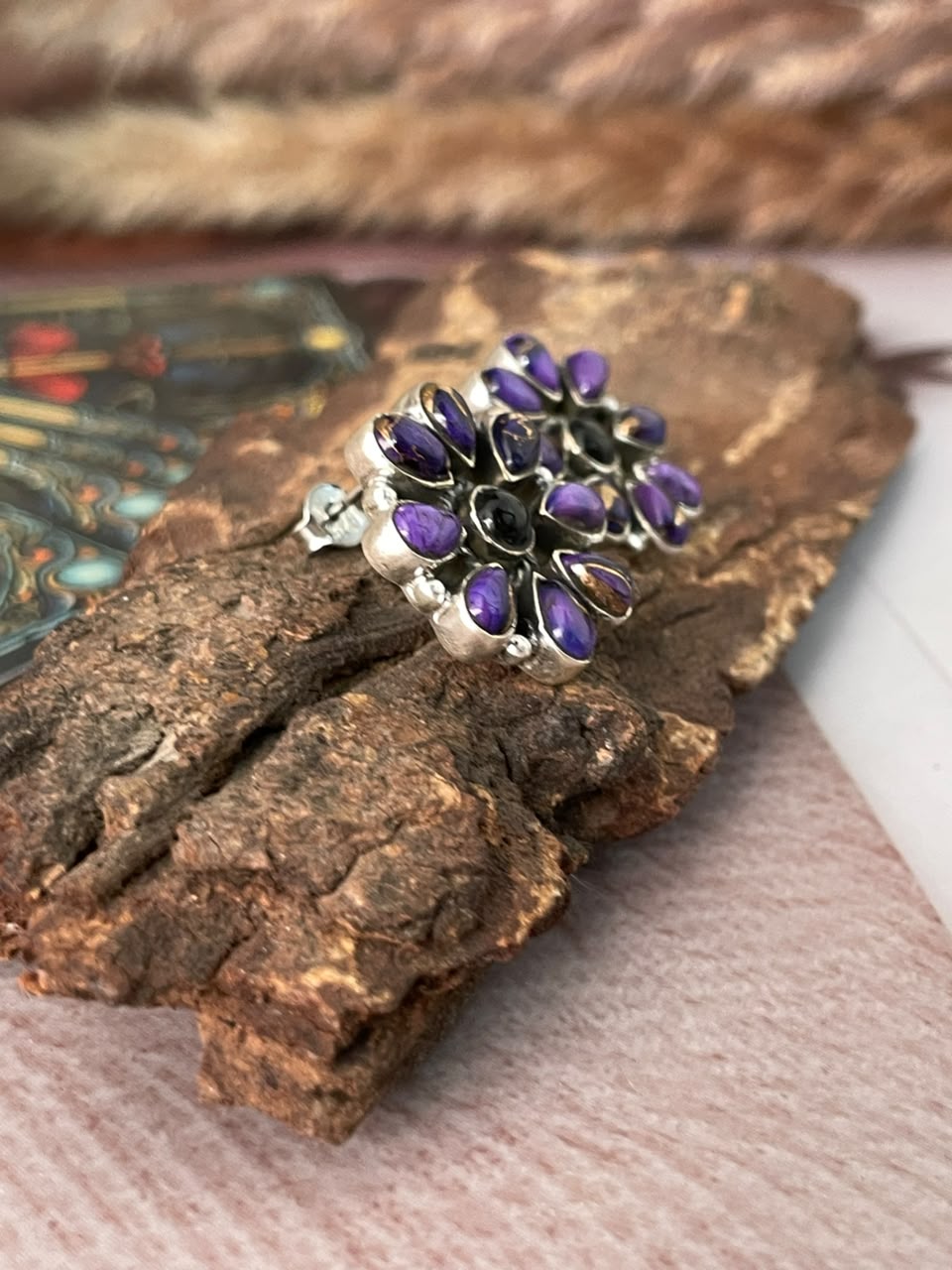 Handmade Sterling Silver Grape Dahlia with Black Onyx Halloween Collection: Post Studs Earrings Signed Nizhoni