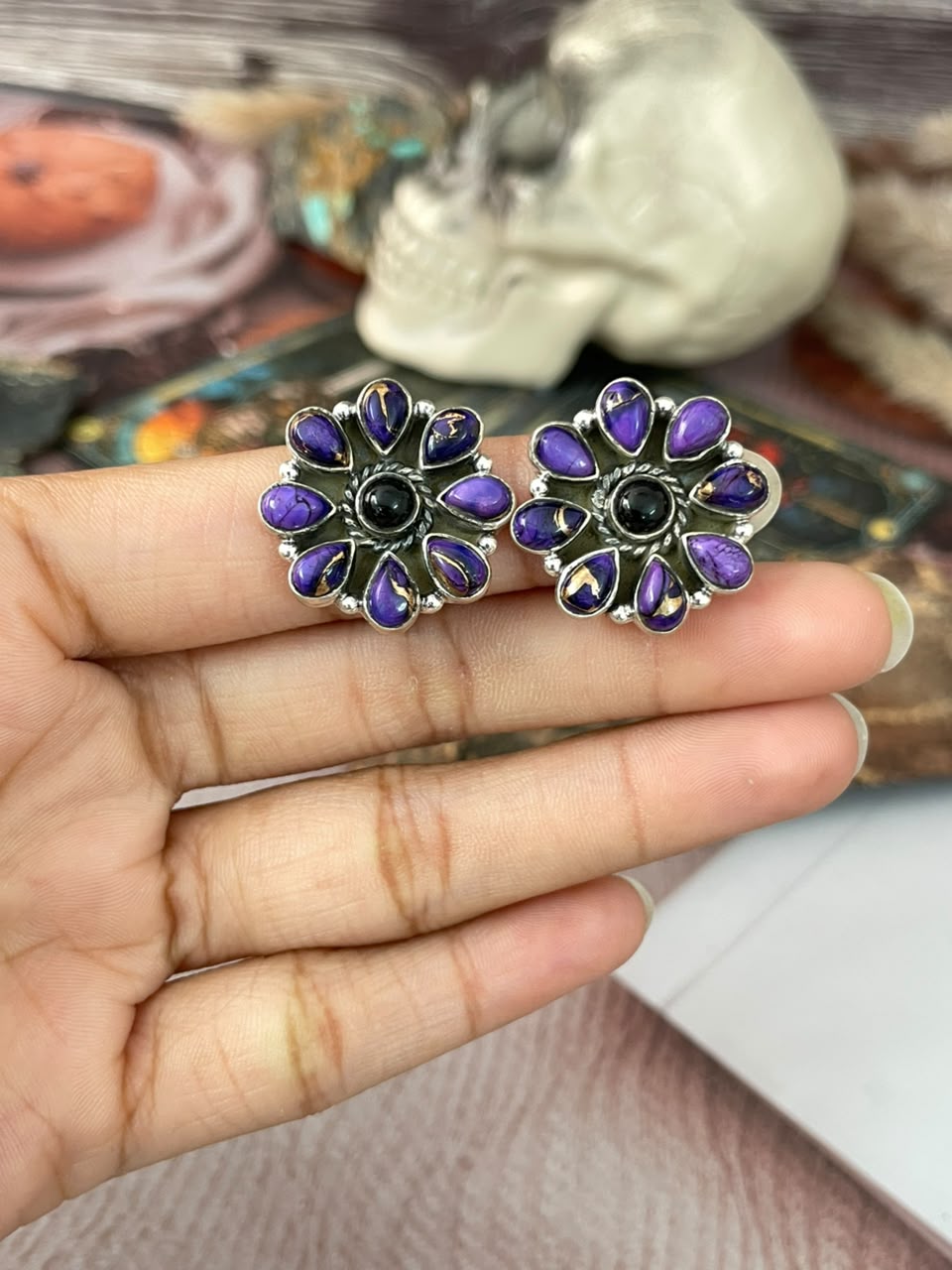 Handmade Sterling Silver Grape Dahlia with Black Onyx Halloween Collection: Post Studs Earrings Signed Nizhoni