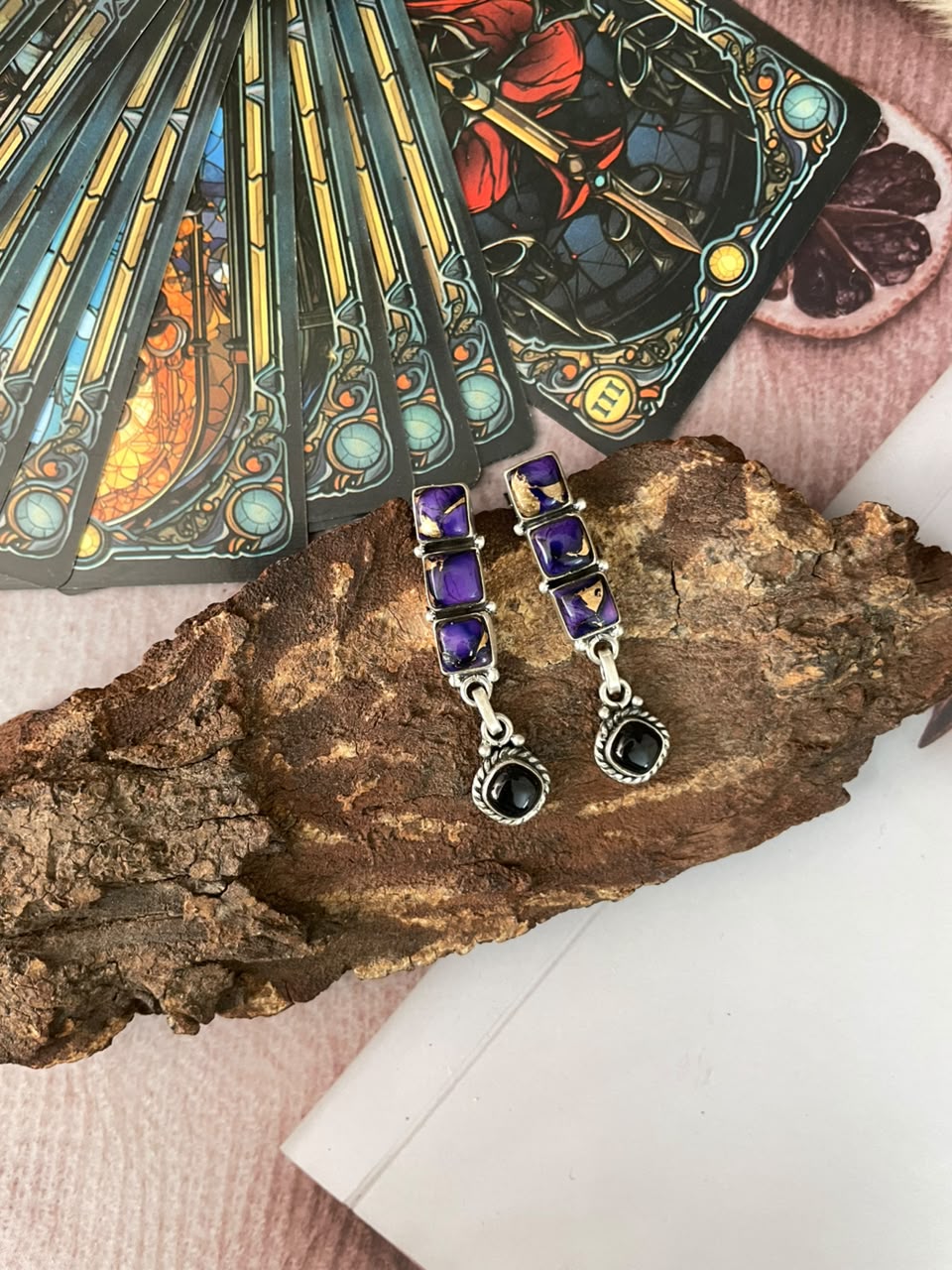 Handmade Sterling Silver Grape Dahlia with Black Onyx Halloween Collection: Post Dangle Earrings Signed Nizhoni