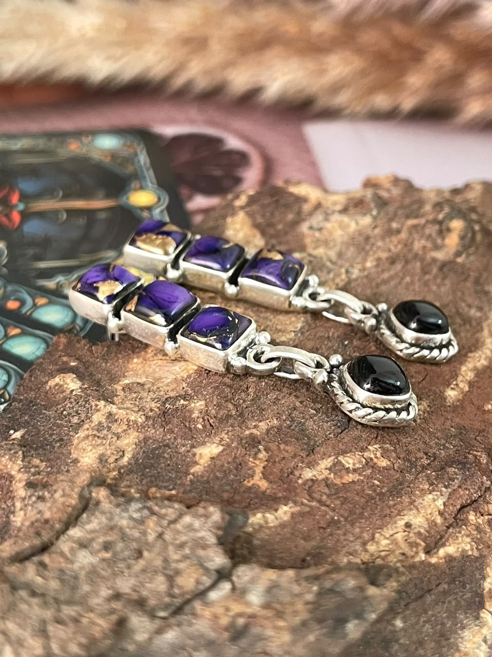 Handmade Sterling Silver Grape Dahlia with Black Onyx Halloween Collection: Post Dangle Earrings Signed Nizhoni
