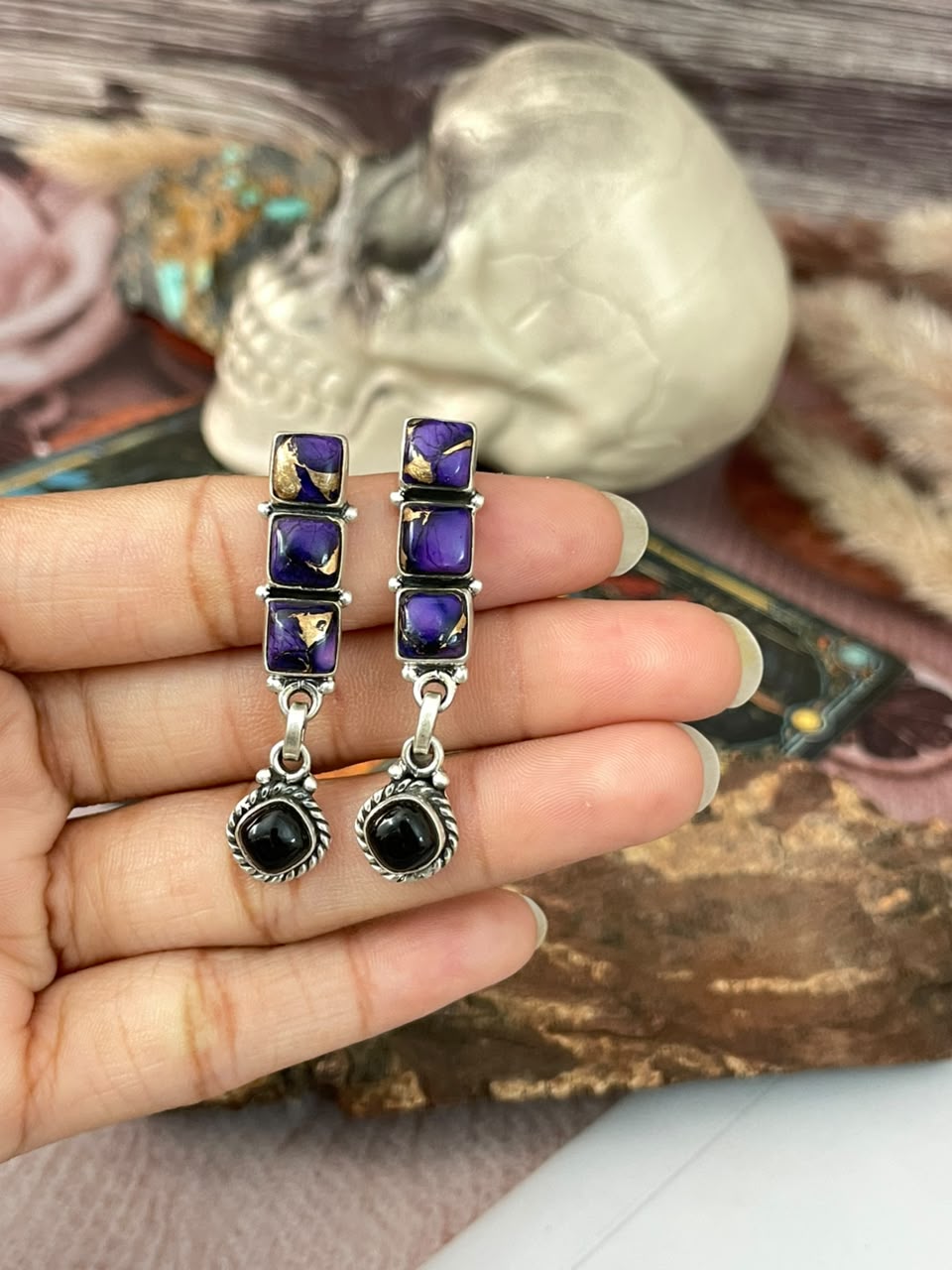 Handmade Sterling Silver Grape Dahlia with Black Onyx Halloween Collection: Post Dangle Earrings Signed Nizhoni
