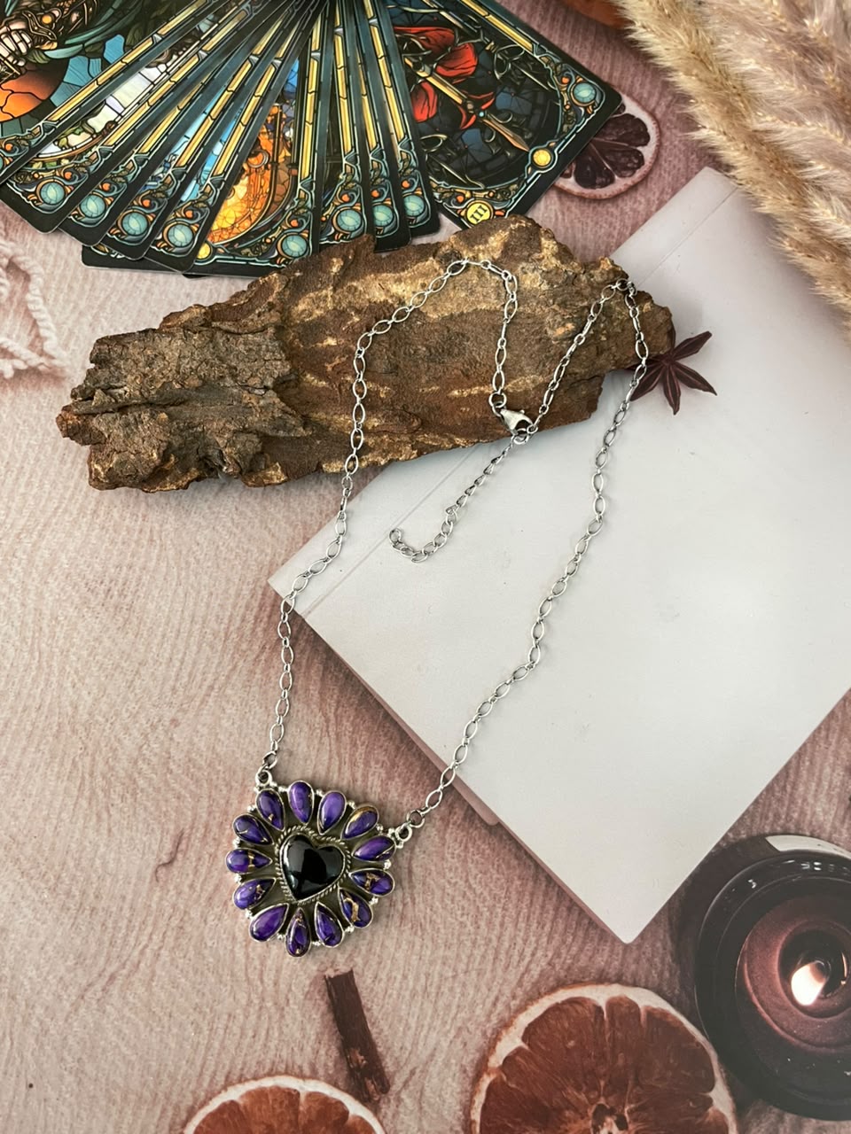 Handmade Sterling Silver Grape Dahlia with Black Onyx Halloween Collection: Heart Necklace Signed Nizhoni