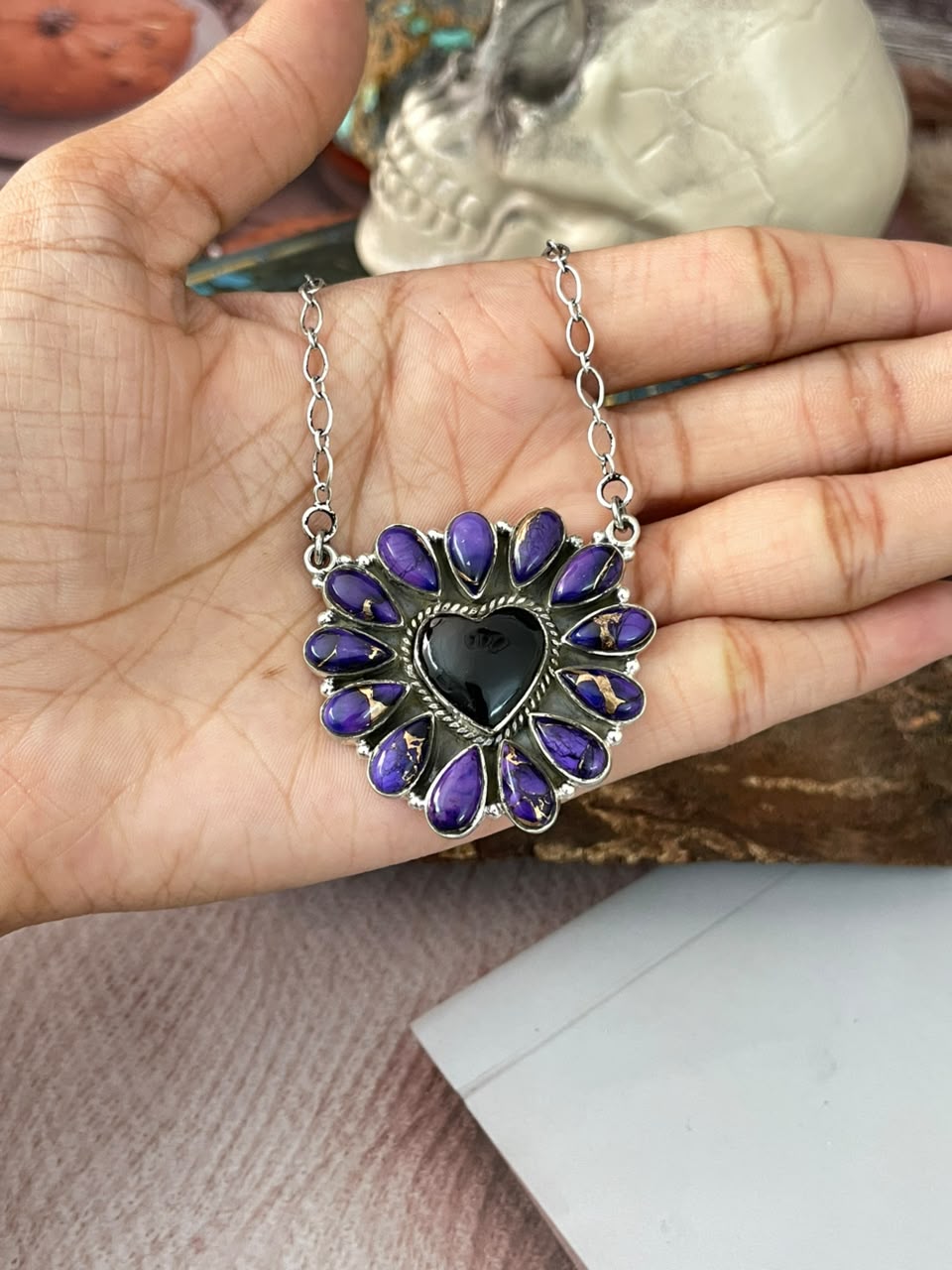 Handmade Sterling Silver Grape Dahlia with Black Onyx Halloween Collection: Heart Necklace Signed Nizhoni