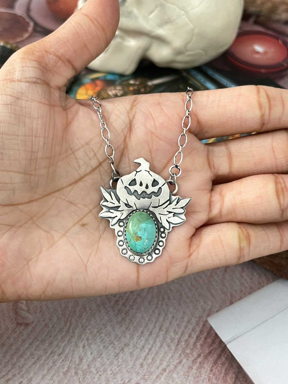 Handmade Sterling Silver Kingman Turquoise Halloween Collection: Necklace Signed Nizhoni