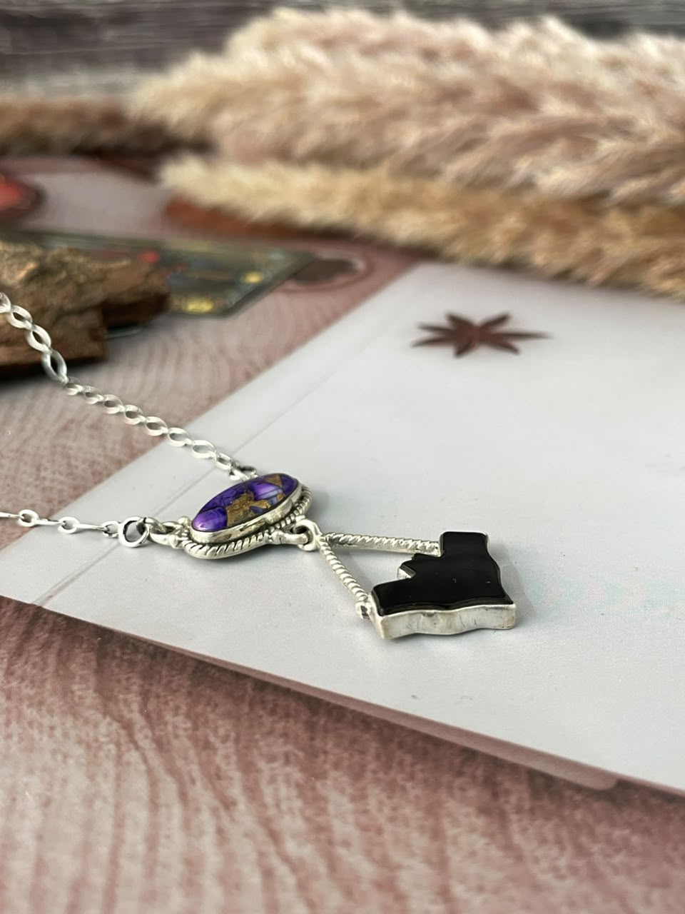 Handmade Sterling Silver Grape Dahlia with Black Onyx Halloween Collection: Necklace Signed Nizhoni