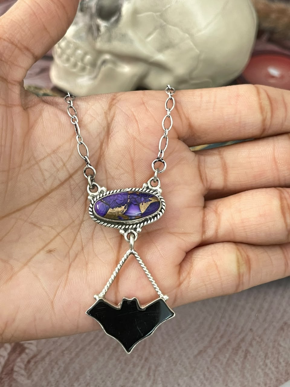 Handmade Sterling Silver Grape Dahlia with Black Onyx Halloween Collection: Necklace Signed Nizhoni