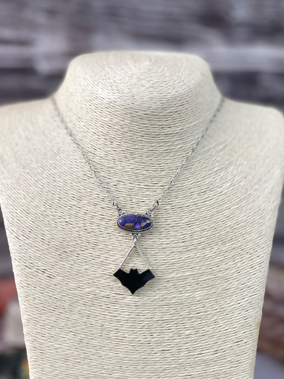 Handmade Sterling Silver Grape Dahlia with Black Onyx Halloween Collection: Necklace Signed Nizhoni