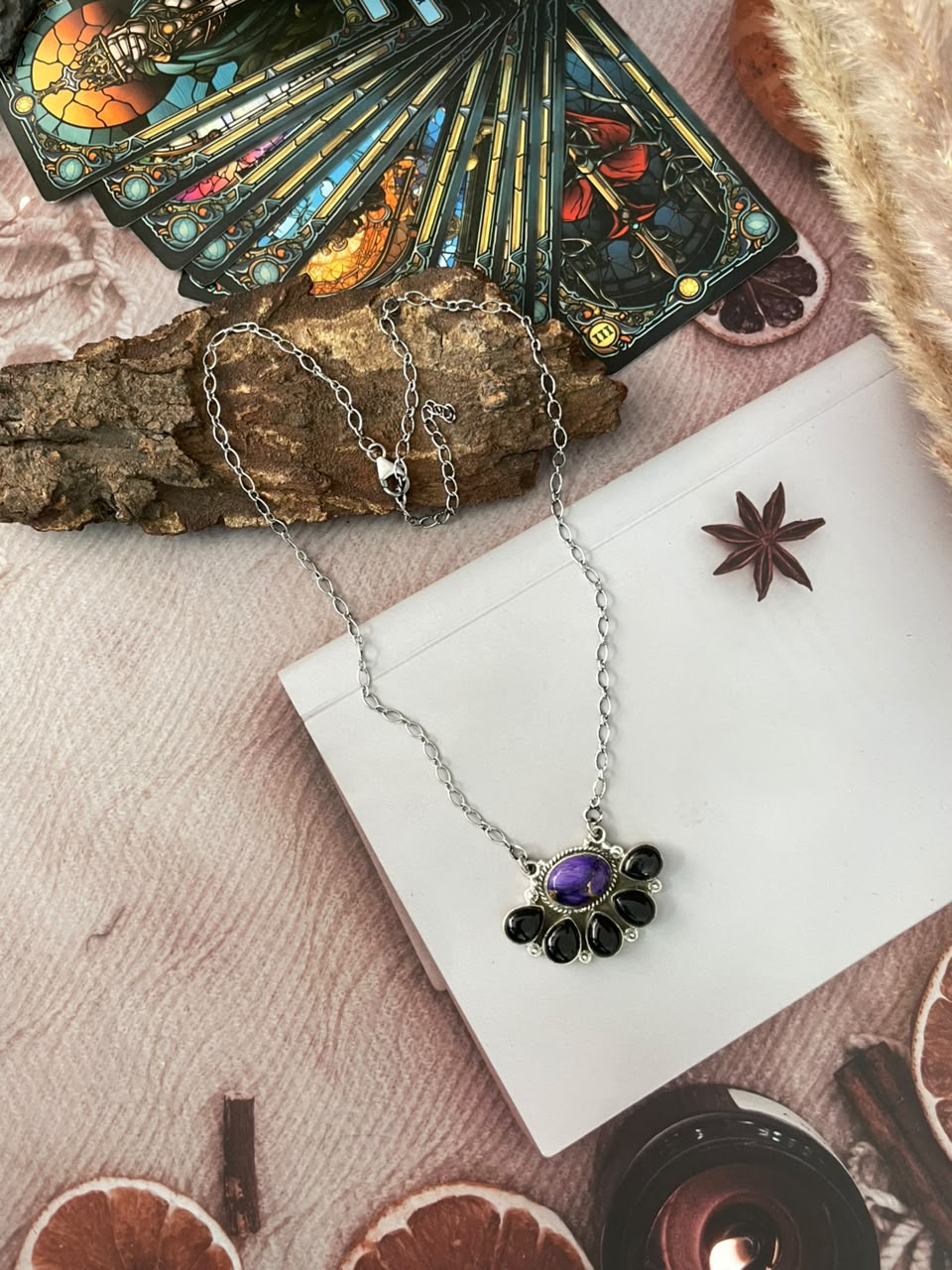 Handmade Sterling Silver Grape Dahlia with Black Onyx Halloween Collection: Necklace Signed Nizhoni
