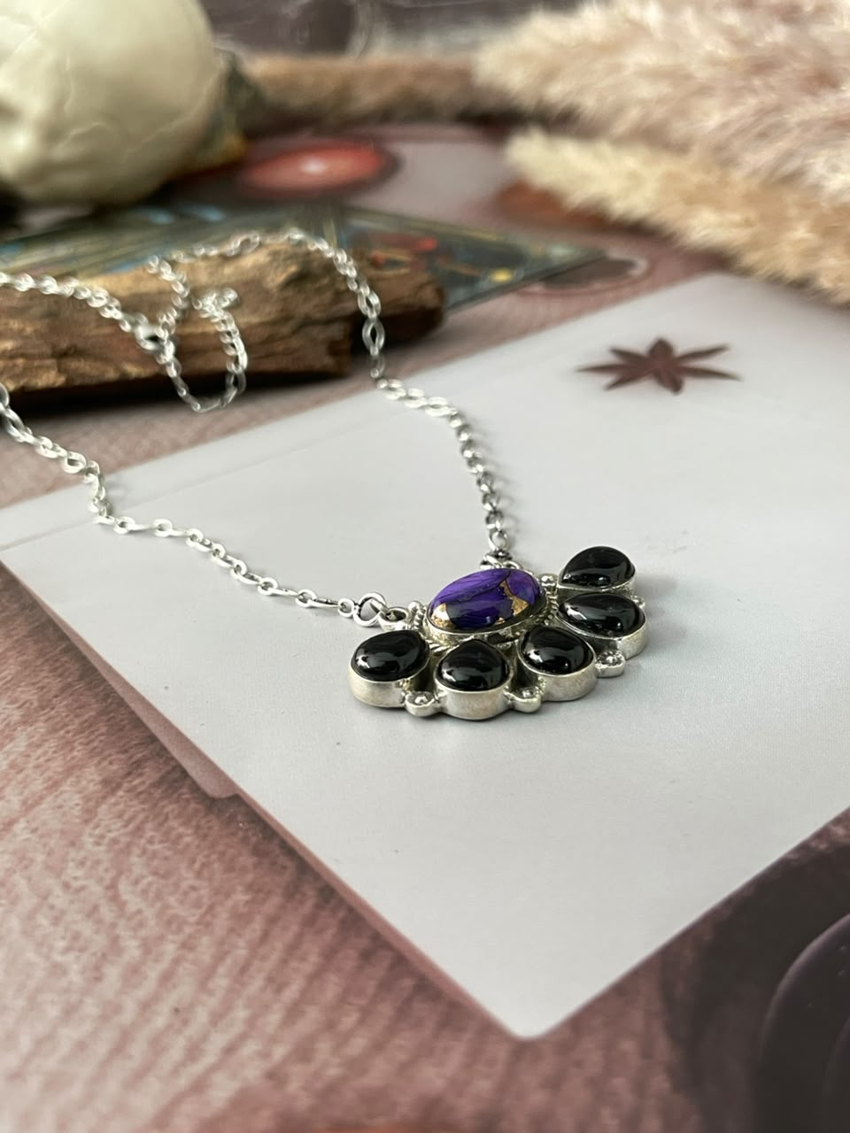 Handmade Sterling Silver Grape Dahlia with Black Onyx Halloween Collection: Necklace Signed Nizhoni