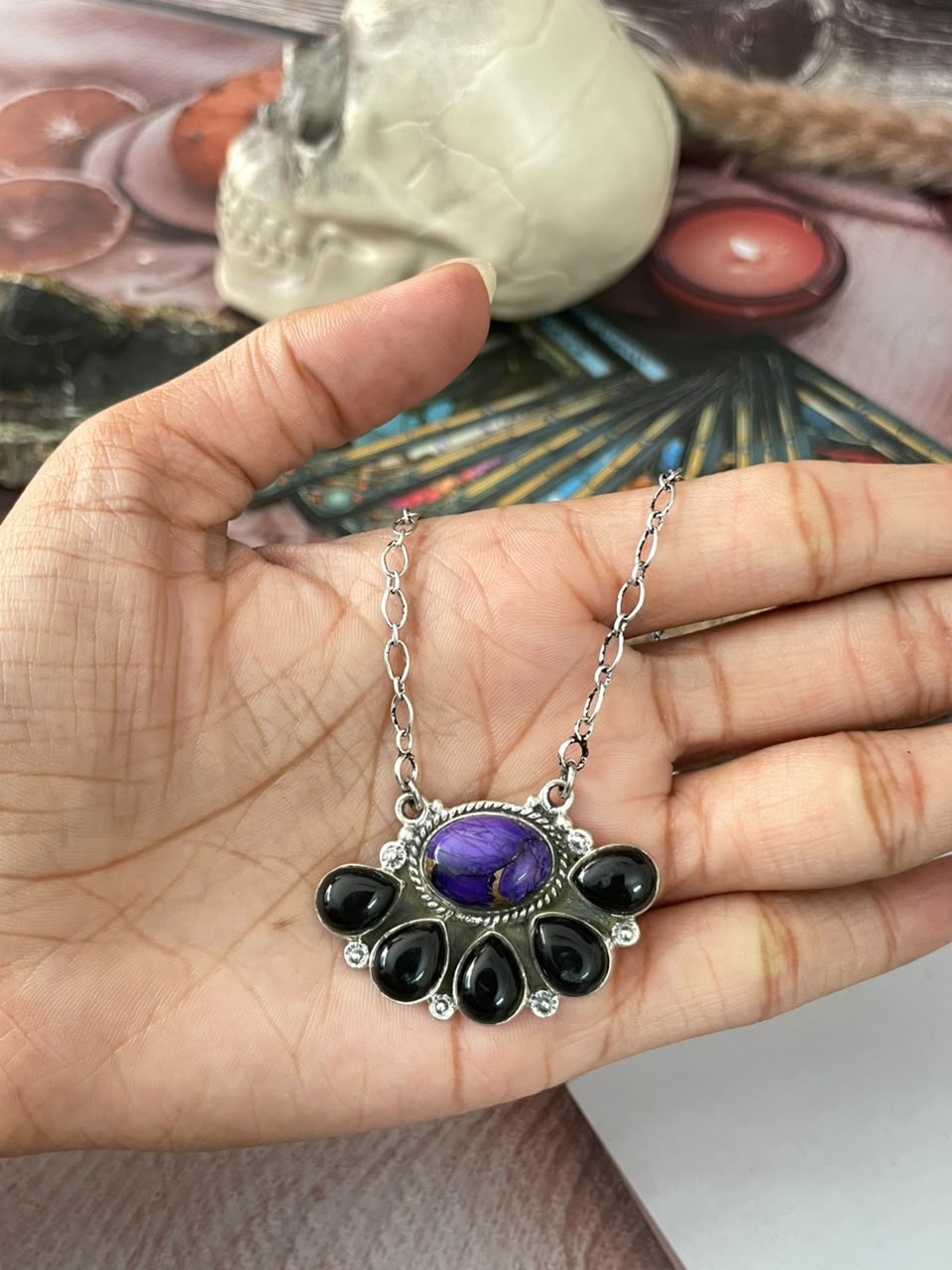 Handmade Sterling Silver Grape Dahlia with Black Onyx Halloween Collection: Necklace Signed Nizhoni
