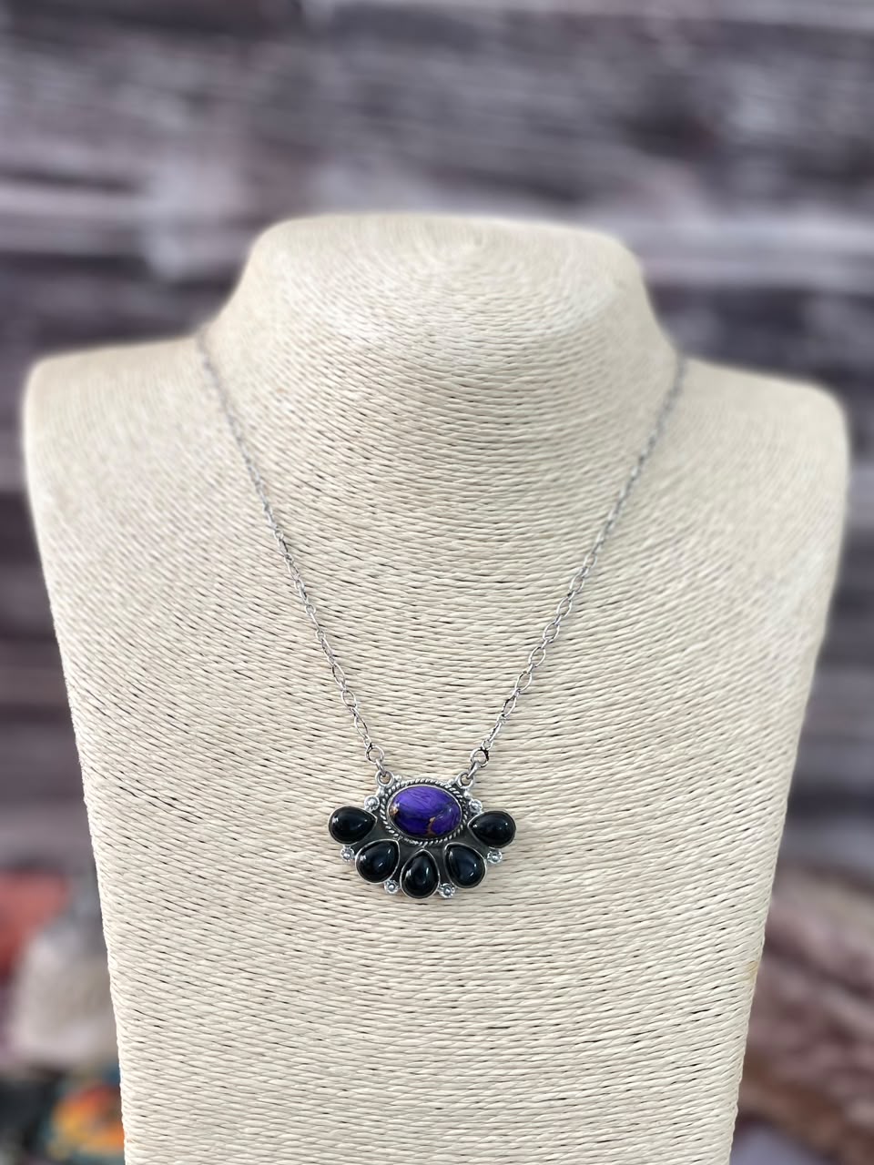 Handmade Sterling Silver Grape Dahlia with Black Onyx Halloween Collection: Necklace Signed Nizhoni