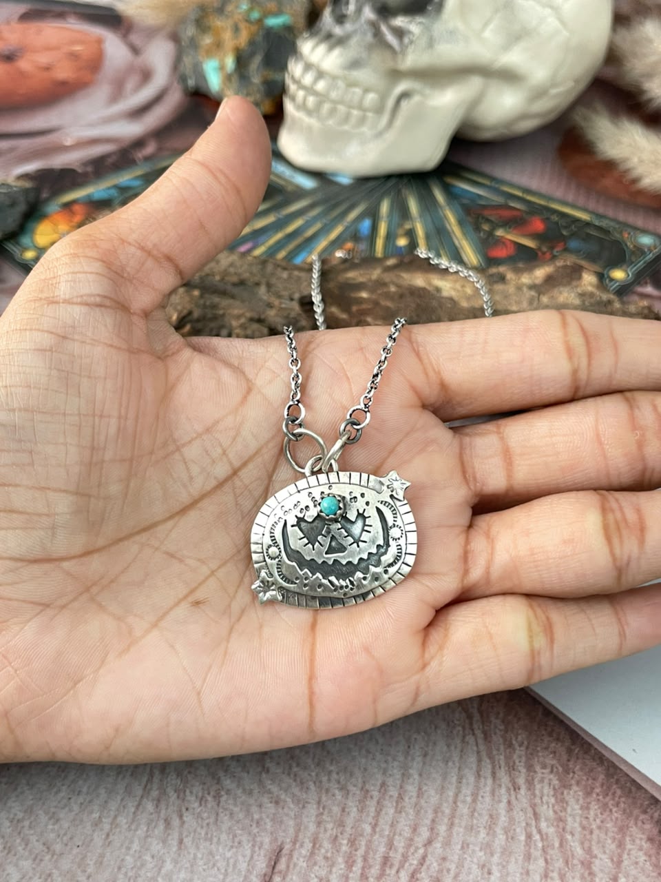 Handmade Sterling Silver Kingman Turquoise Halloween Collection: Necklace Signed Nizhoni