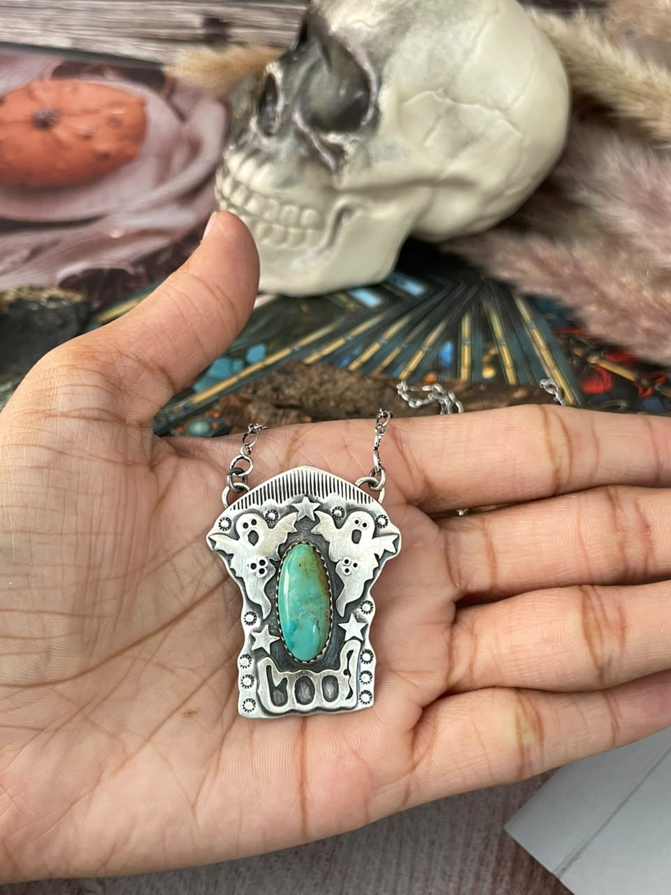 Handmade Sterling Silver Kingman Turquoise Halloween Collection: Necklace Signed Nizhoni