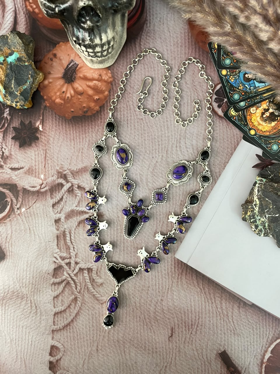 Handmade Sterling Silver Grape Dahlia with Black Onyx Halloween Collection: Layered Necklace Signed Nizhoni