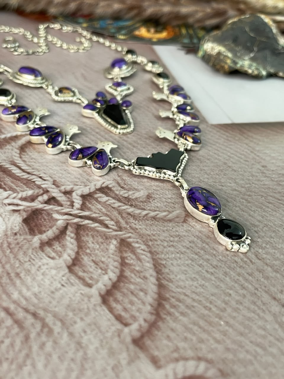 Handmade Sterling Silver Grape Dahlia with Black Onyx Halloween Collection: Layered Necklace Signed Nizhoni