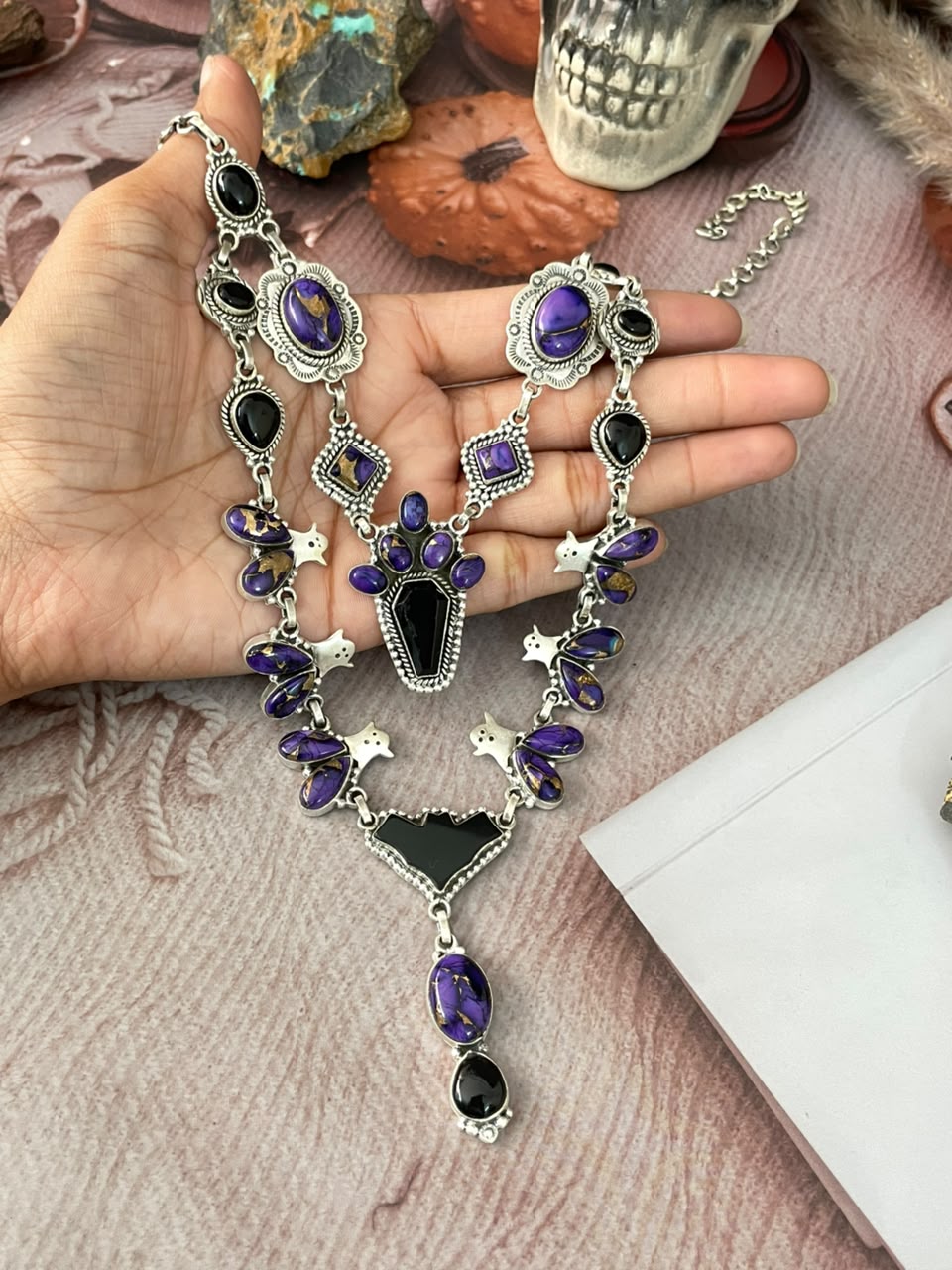 Handmade Sterling Silver Grape Dahlia with Black Onyx Halloween Collection: Layered Necklace Signed Nizhoni