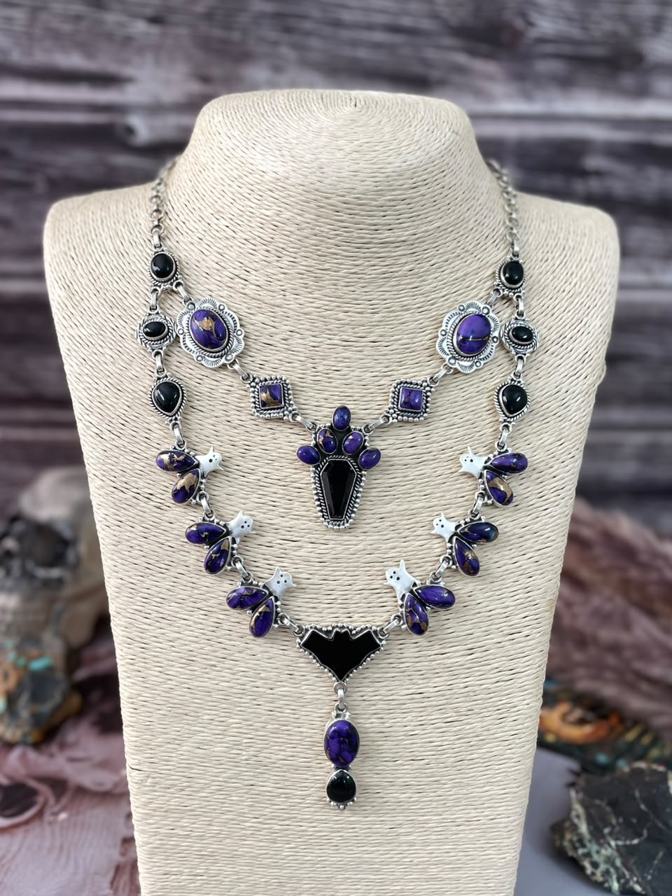 Handmade Sterling Silver Grape Dahlia with Black Onyx Halloween Collection: Layered Necklace Signed Nizhoni