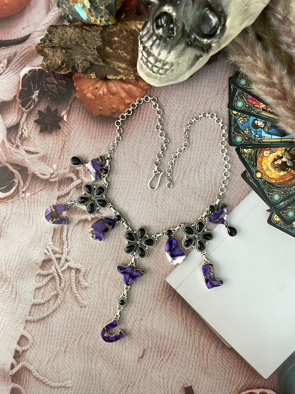 Handmade Sterling Silver Grape Dahlia with Black Onyx Halloween Collection: Necklace Signed Nizhoni