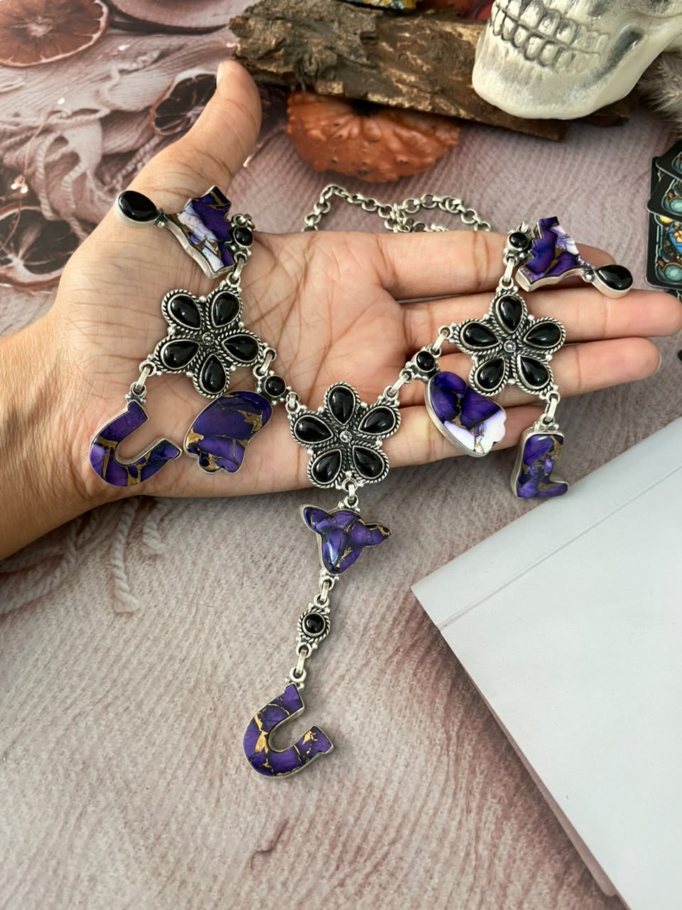 Handmade Sterling Silver Grape Dahlia with Black Onyx Halloween Collection: Necklace Signed Nizhoni
