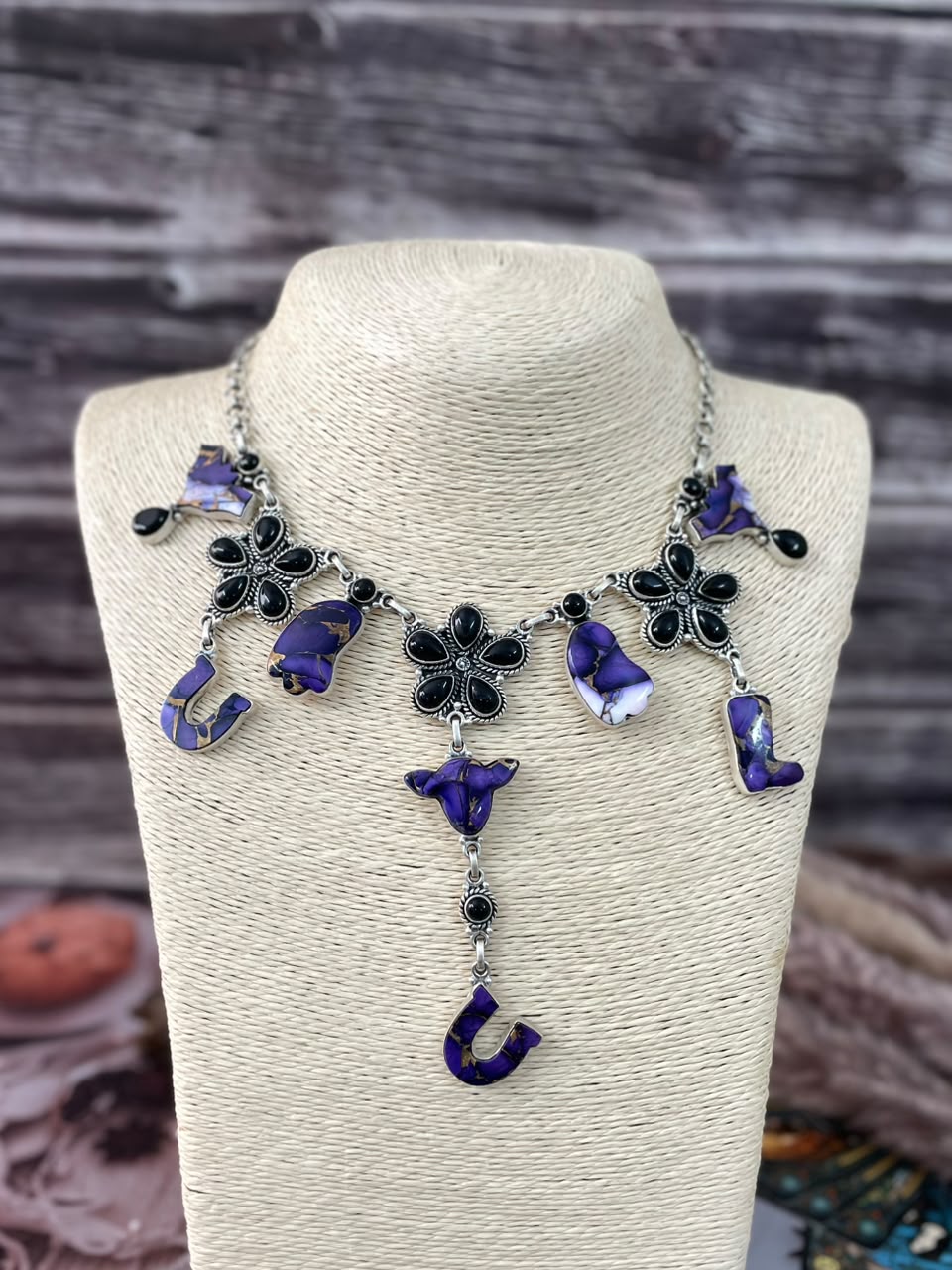 Handmade Sterling Silver Grape Dahlia with Black Onyx Halloween Collection: Necklace Signed Nizhoni
