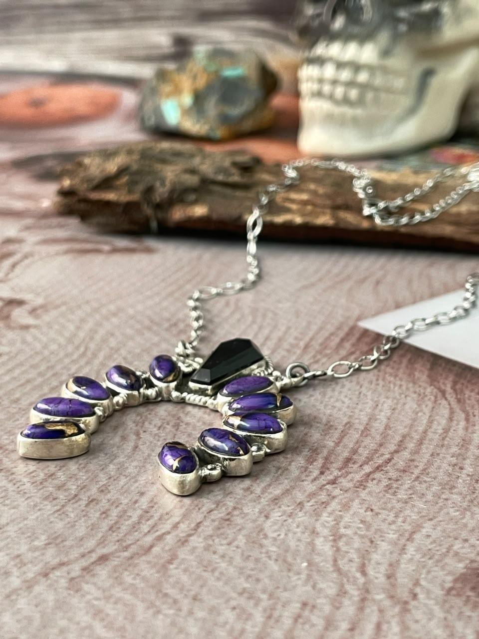 Handmade Sterling Silver Grape Dahlia with Black Onyx Halloween Collection: Naja Necklace Signed Nizhoni