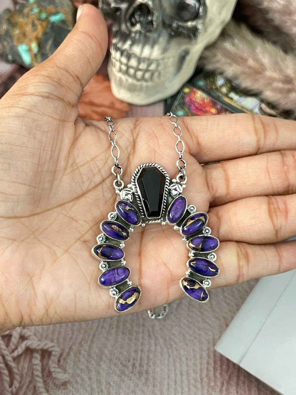 Handmade Sterling Silver Grape Dahlia with Black Onyx Halloween Collection: Naja Necklace Signed Nizhoni