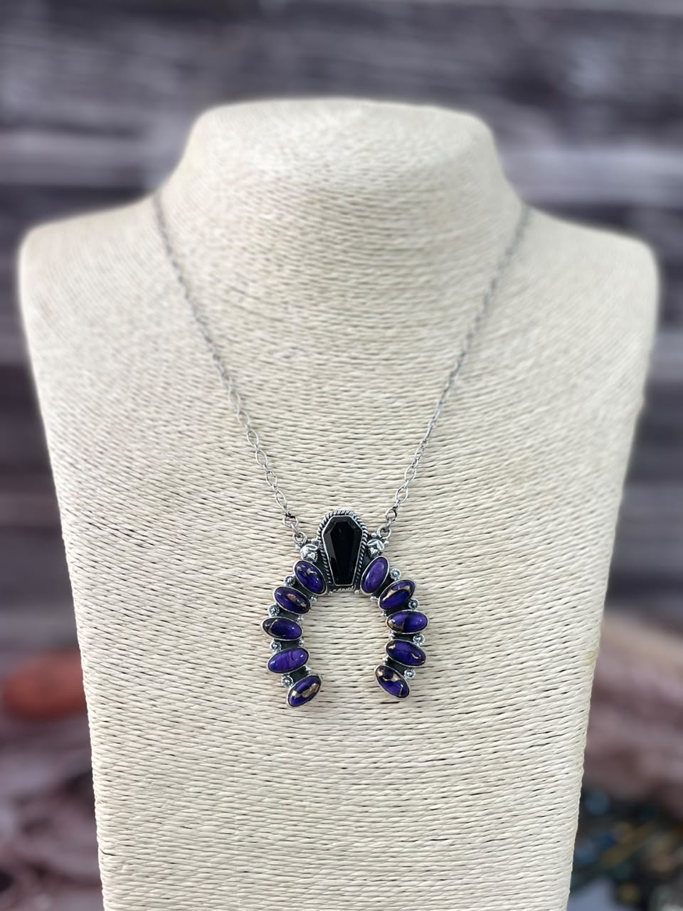 Handmade Sterling Silver Grape Dahlia with Black Onyx Halloween Collection: Naja Necklace Signed Nizhoni