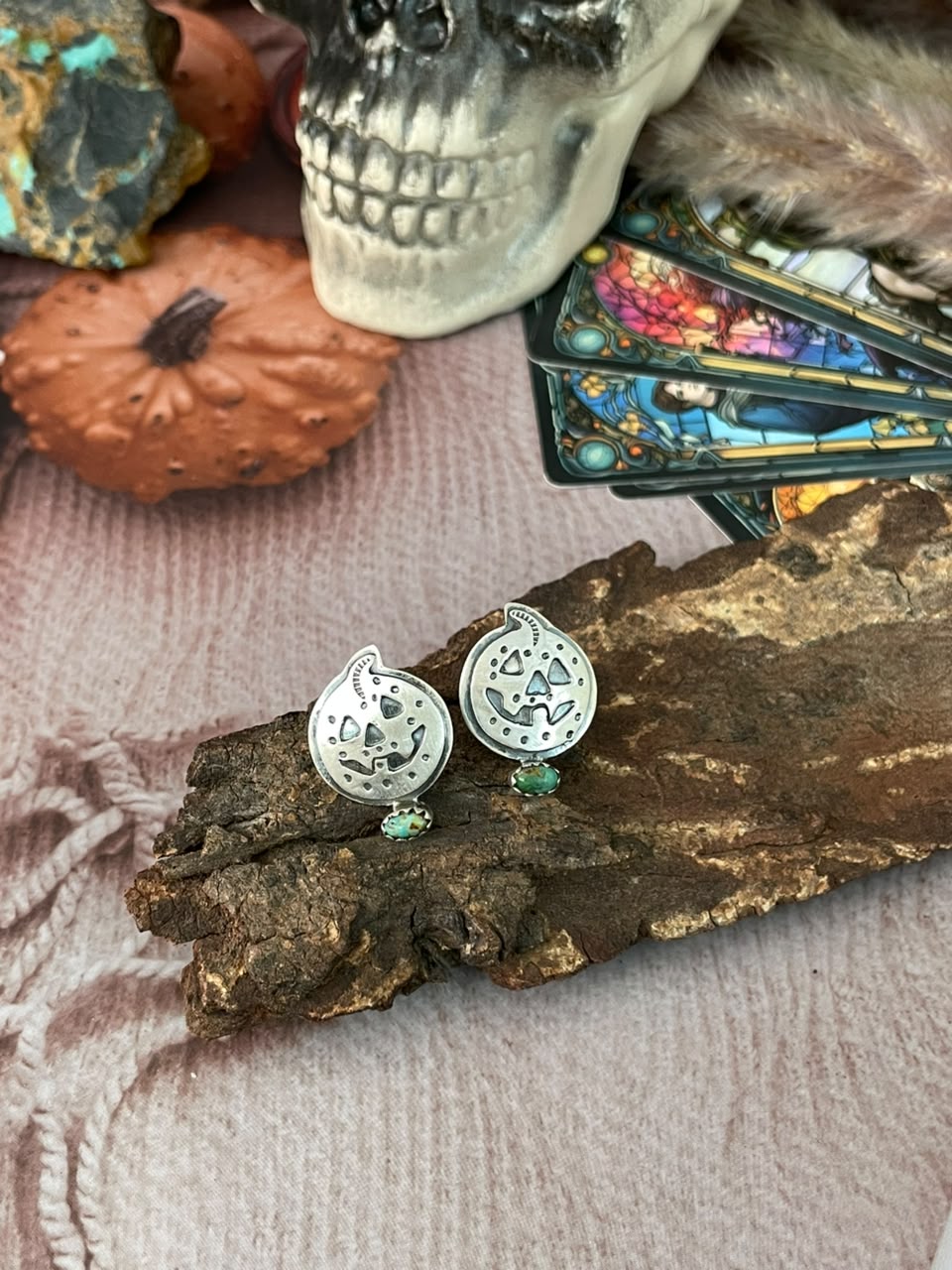 Handmade Sterling Silver Kingman Turquoise Halloween Collection: Post Studs Earrings Signed Nizhoni