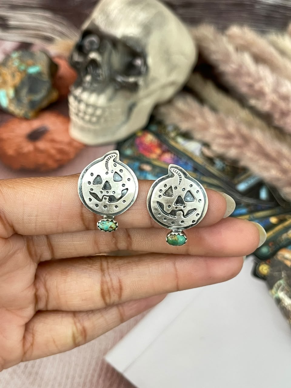 Handmade Sterling Silver Kingman Turquoise Halloween Collection: Post Studs Earrings Signed Nizhoni