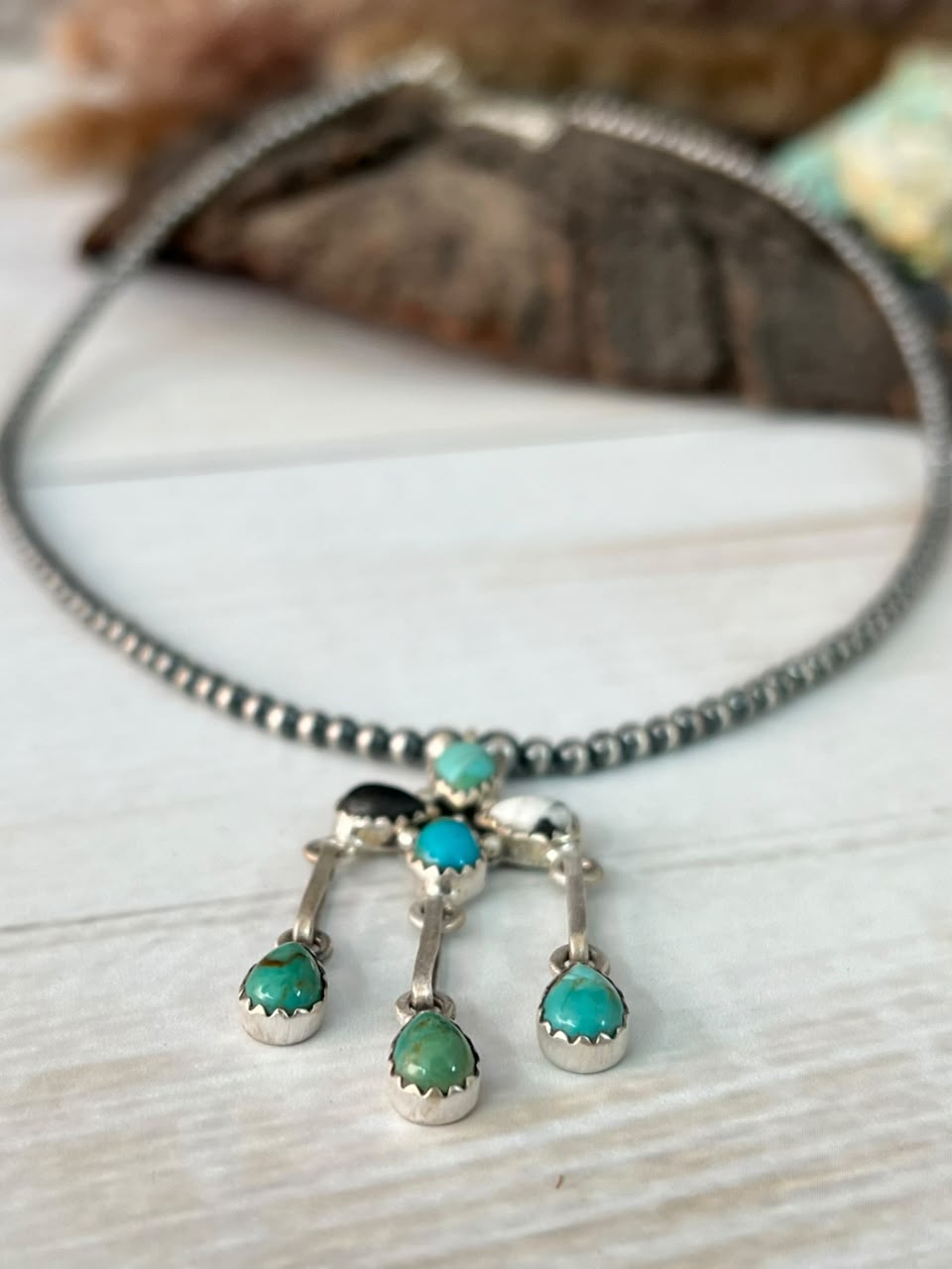 Handmade Sterling Silver Kingman Turquoise with White Buffalo Beaded Necklace Signed Nizhoni
