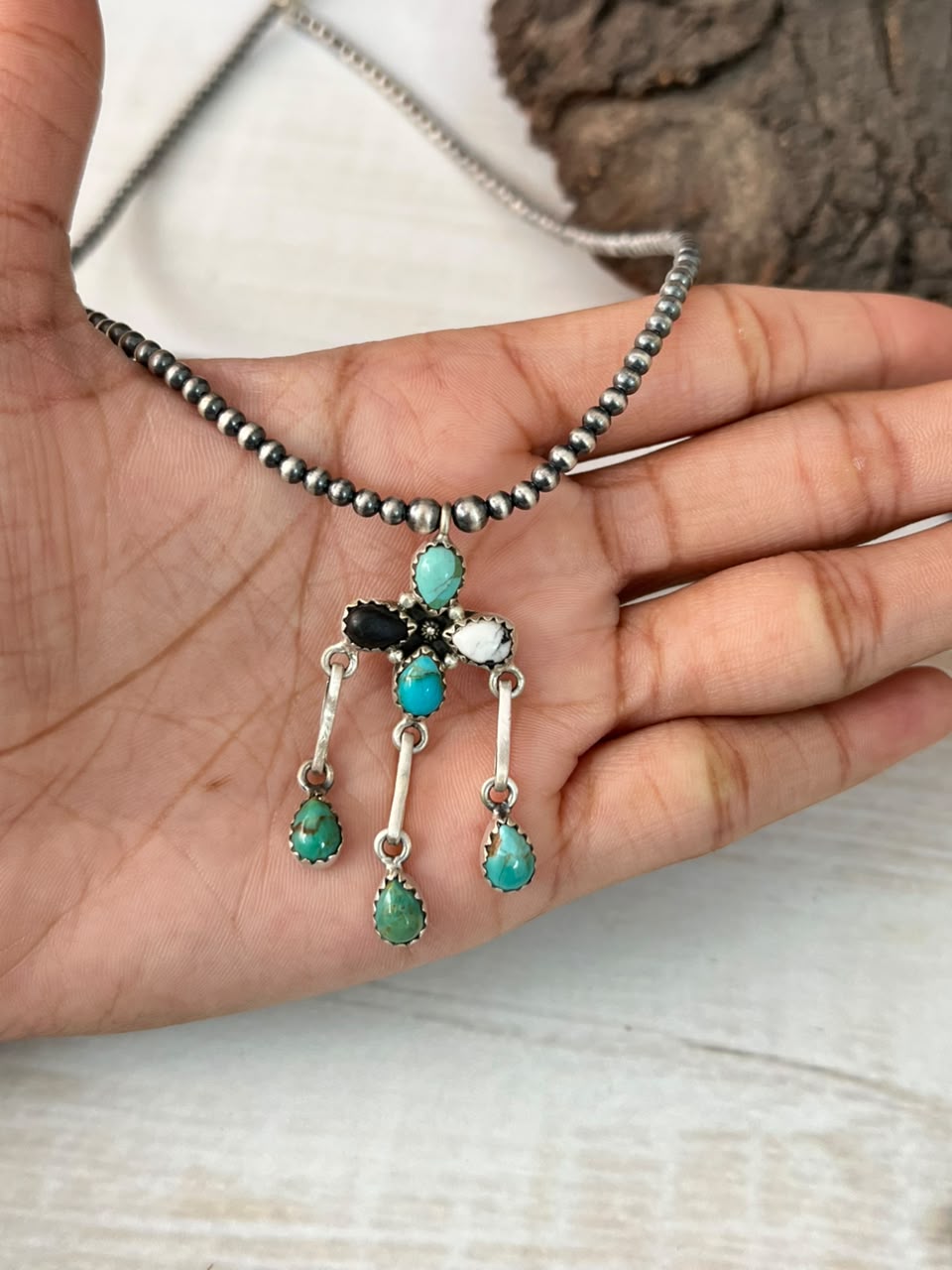 Handmade Sterling Silver Kingman Turquoise with White Buffalo Beaded Necklace Signed Nizhoni