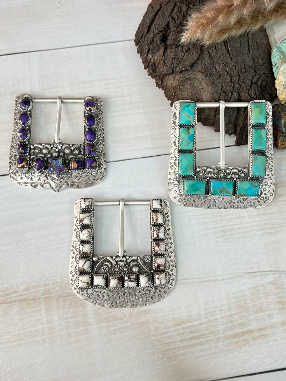 Handmade Sterling Silver Kingman Turquoise, Grape Dahlia and Wildhorse Magnesite Belt Buckle Signed Nizhoni