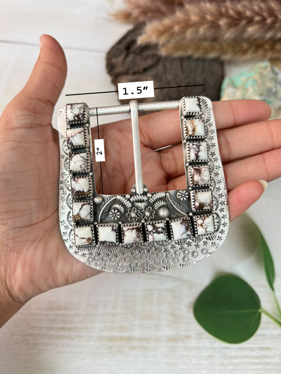 Handmade Sterling Silver Kingman Turquoise, Grape Dahlia and Wildhorse Magnesite Belt Buckle Signed Nizhoni