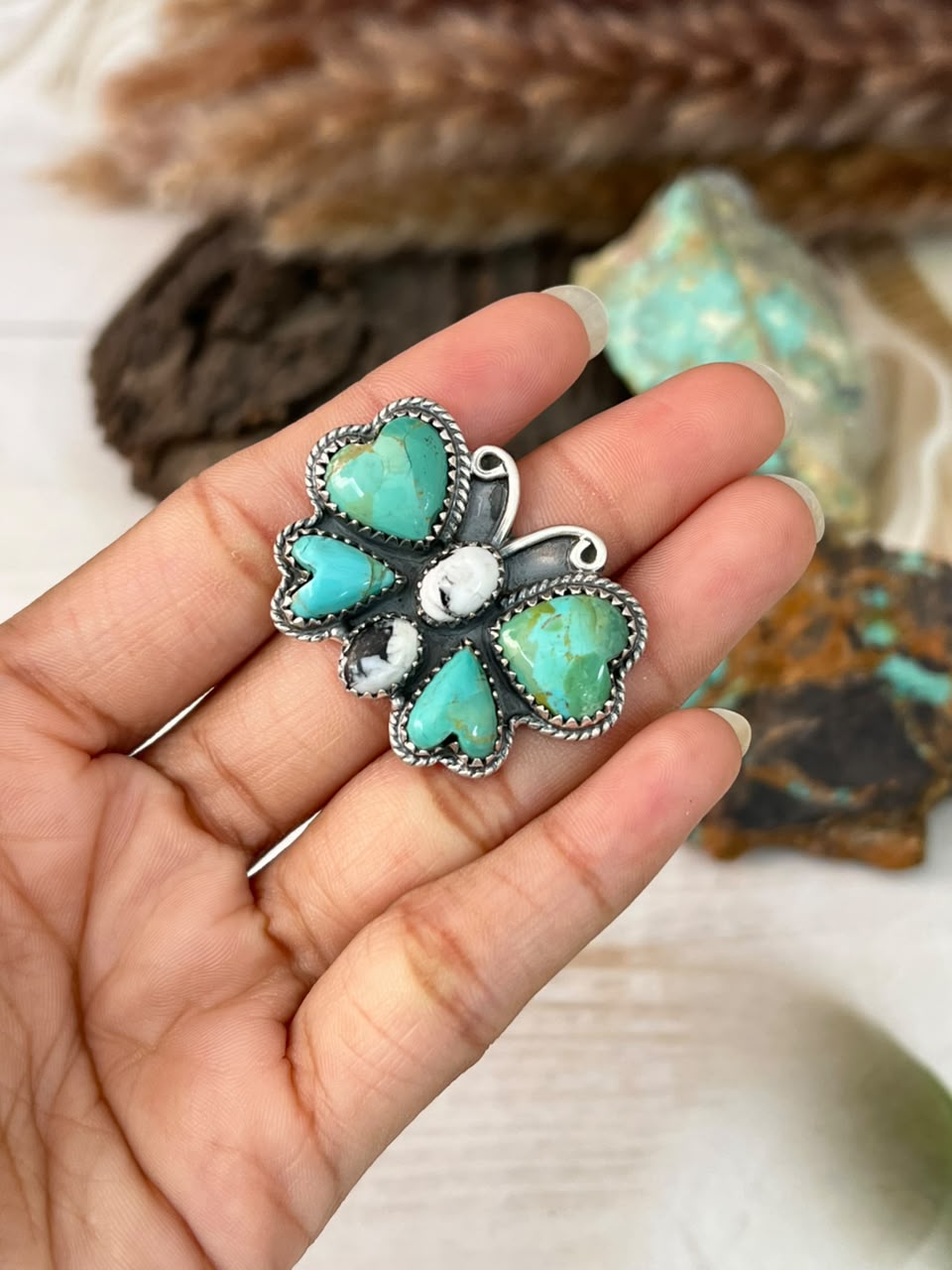 Handmade Sterling Silver Kingman Turquoise and White Buffalo Butterfly Adjustable Ring Signed Nizhoni